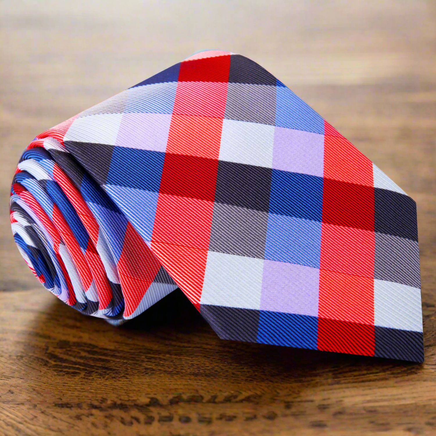 Detailed view of luxurious silk necktie showcasing its intricate check design.