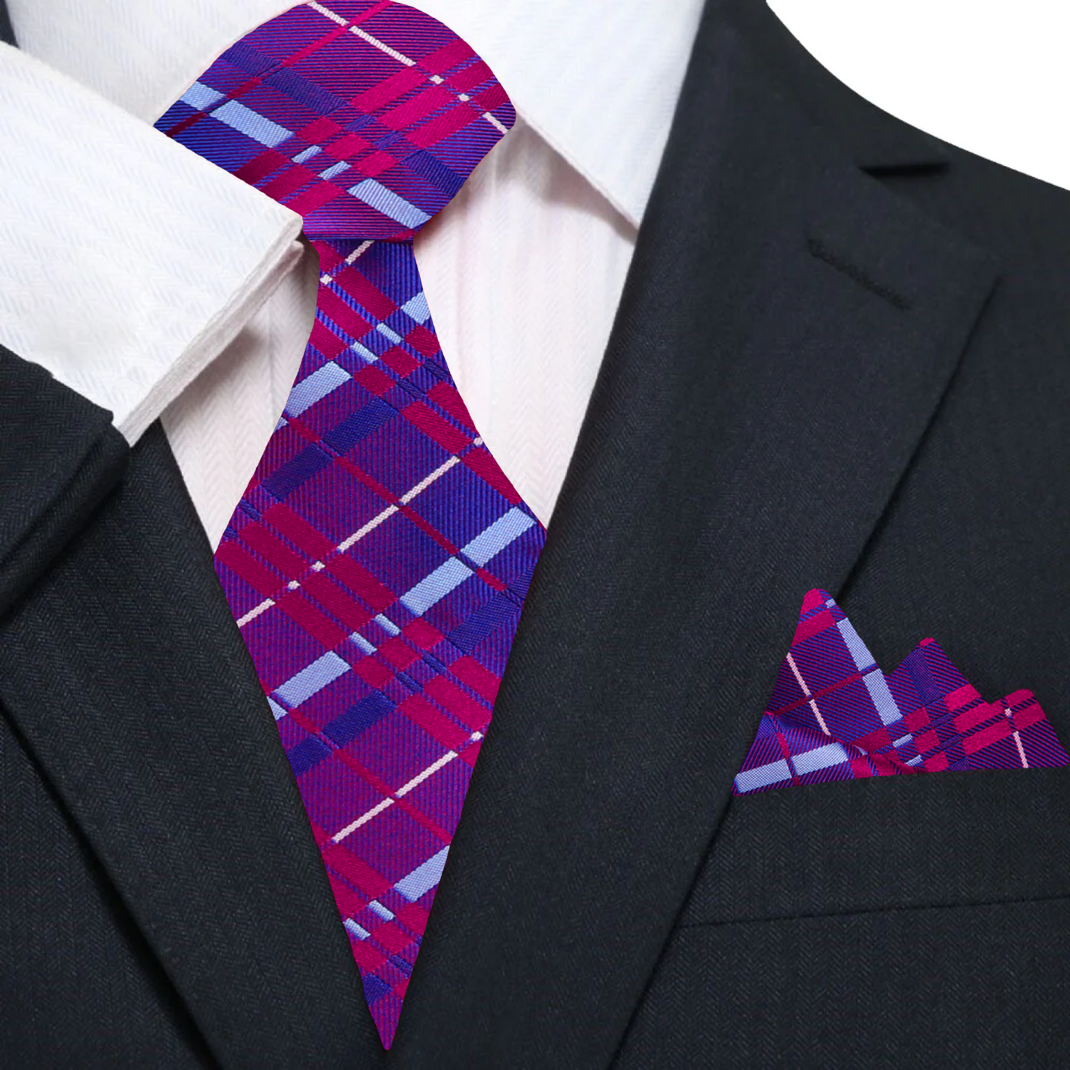Front view of Cherry Wine Plaid Silk Necktie in rich red and blue tones