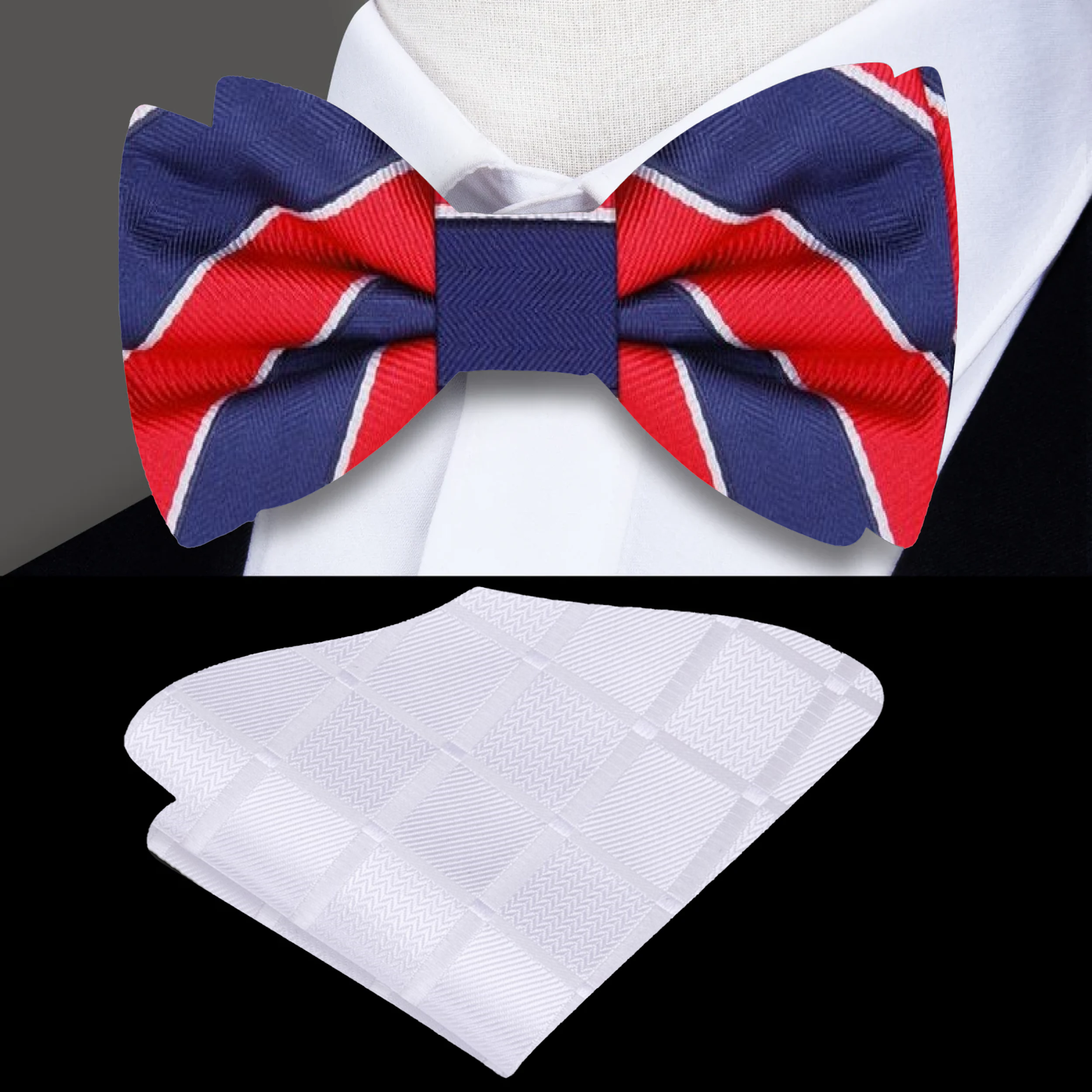 Vibrant blue and red striped silk bow tie displayed on a mannequin, perfect for formal occasions.