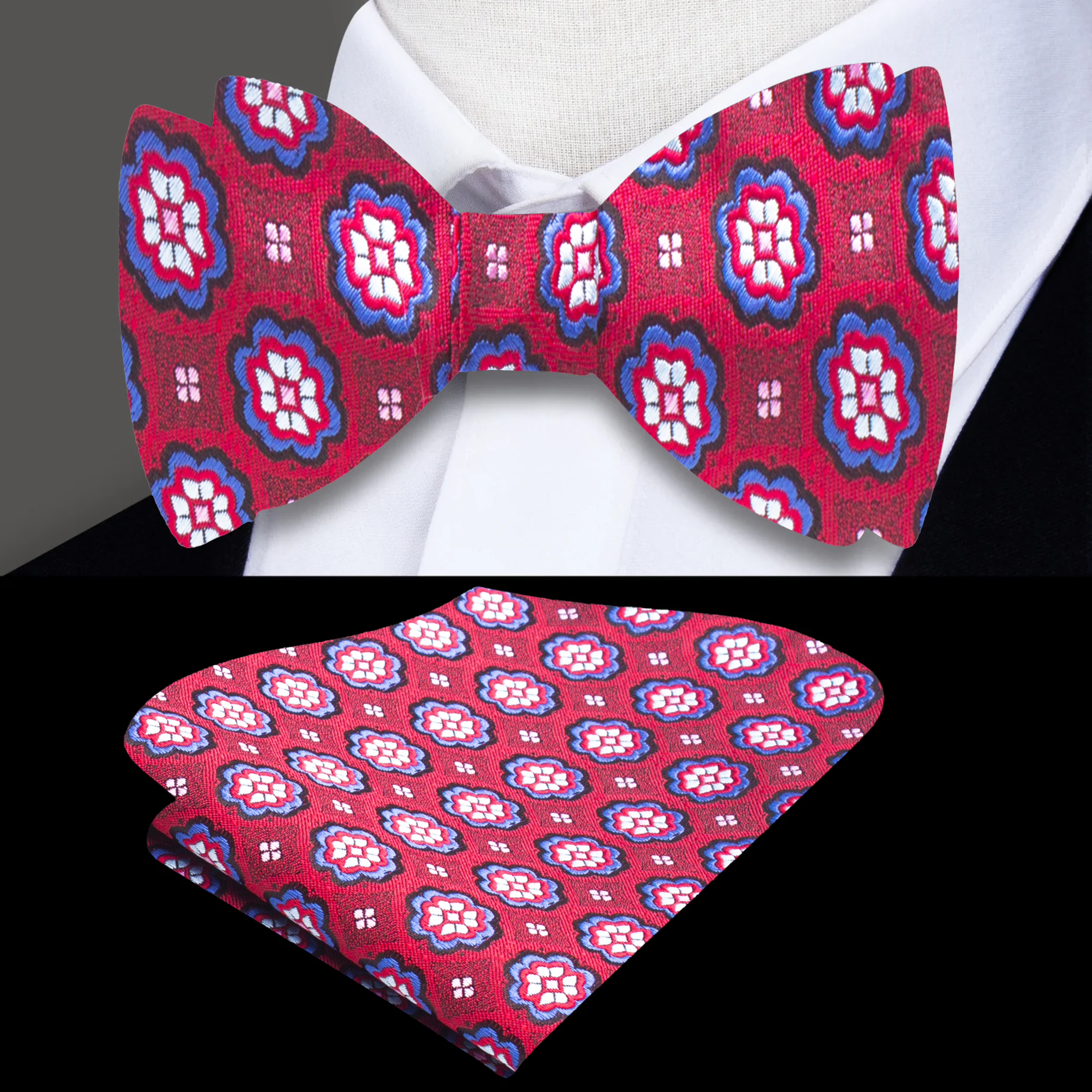 Crimson Burst Silk Bow Tie paired with a charcoal grey suit, emphasizing its elegance for formal occasions.