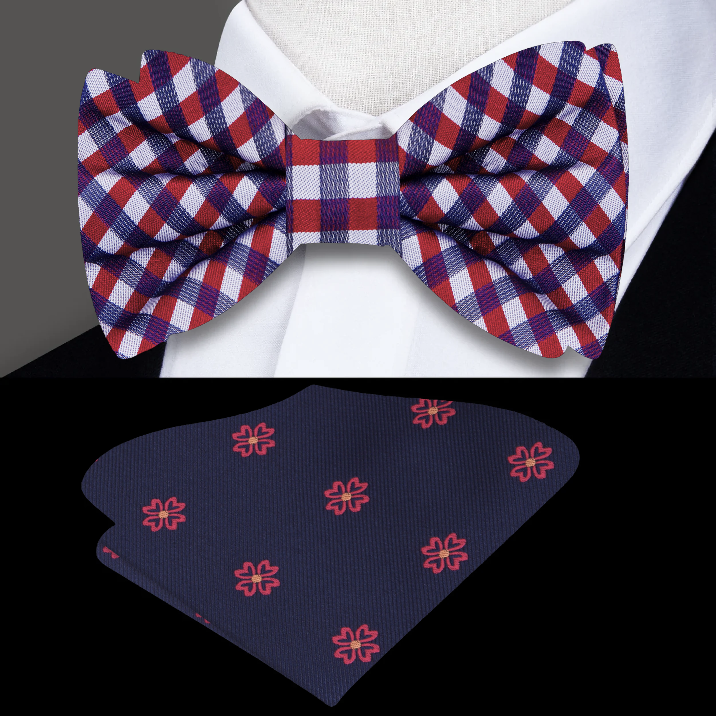 Front view of a stylish plaid bow tie for formal occasions