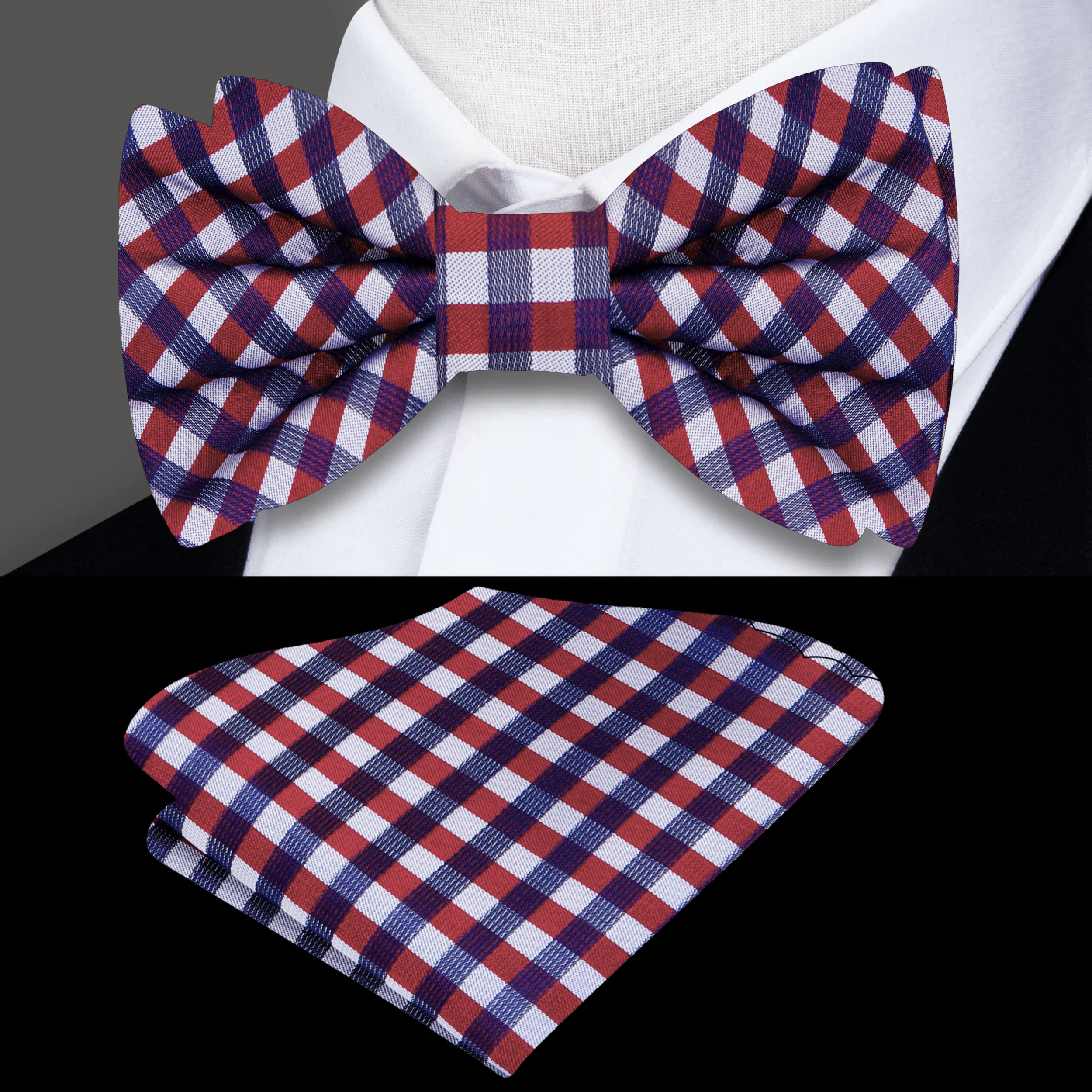 Man wearing a pre-tied plaid bow tie at a wedding