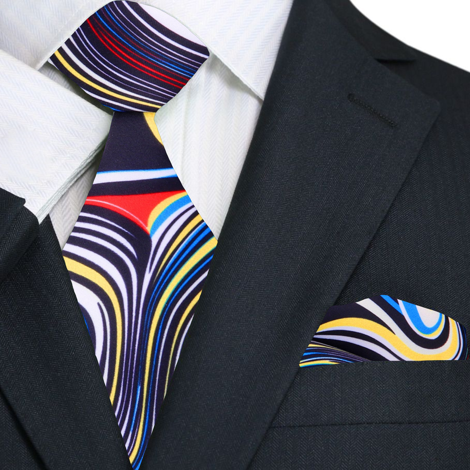Detail shot of abstract tie fabric highlighting silk texture and vivid colors