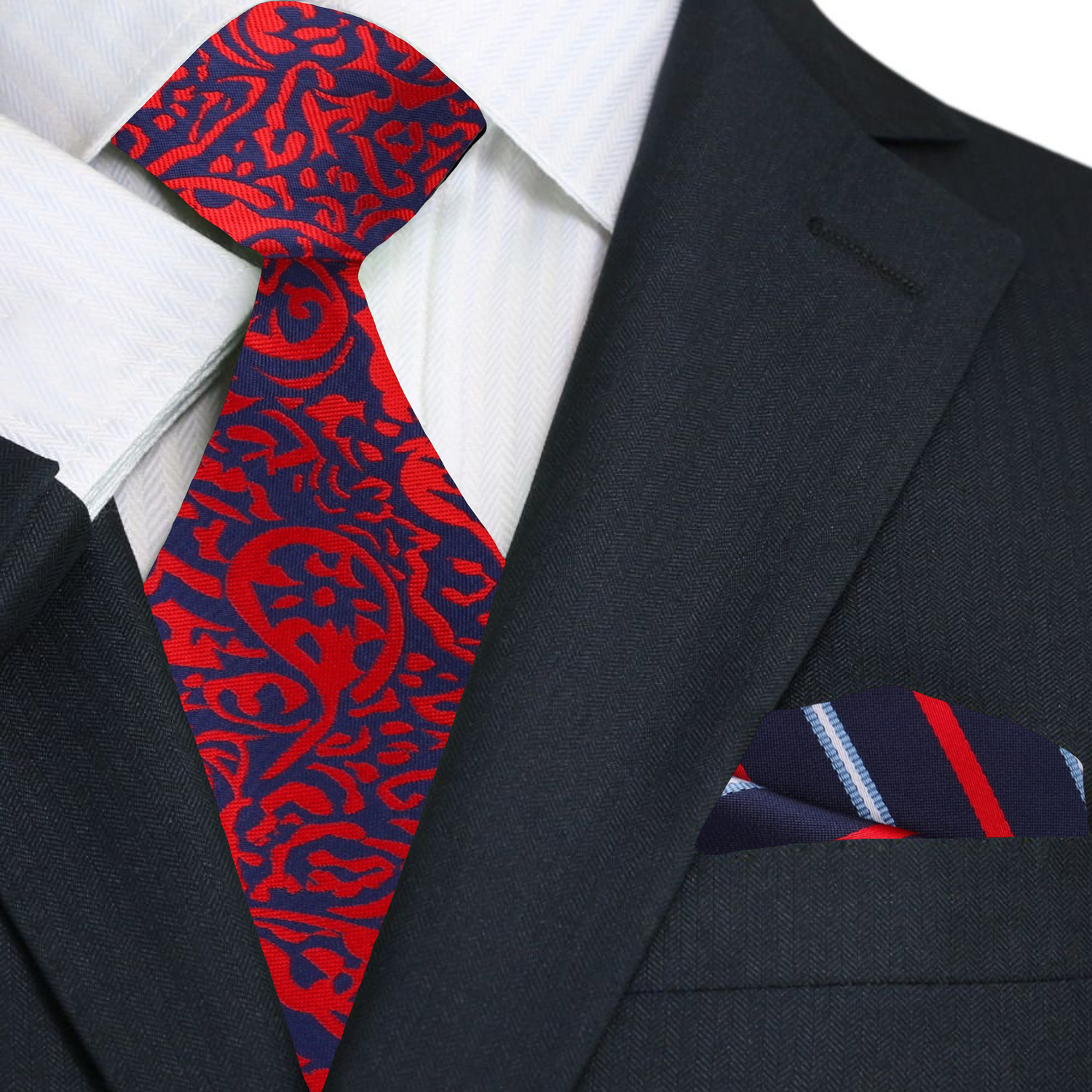 Man wearing a paisley silk necktie with a dark suit for a wedding
