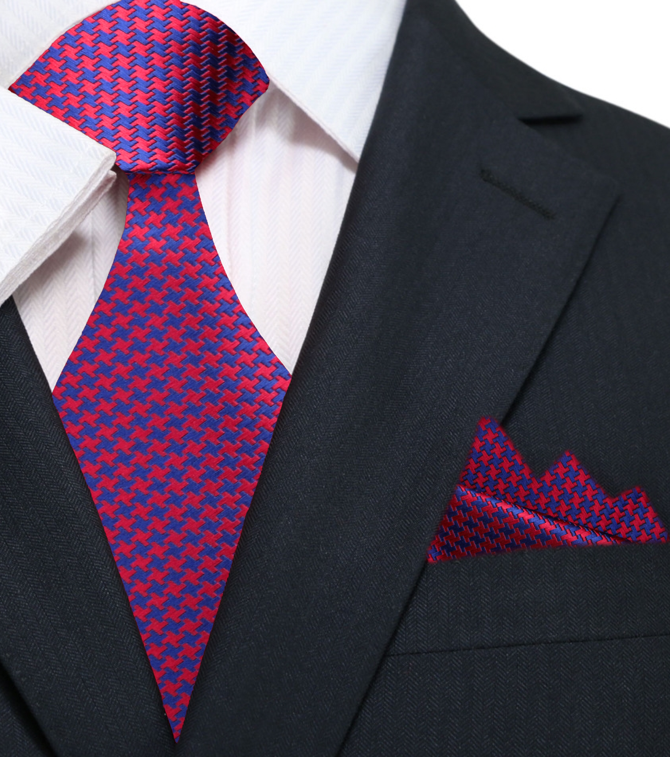 Elegant red and blue houndstooth silk tie on a white background.