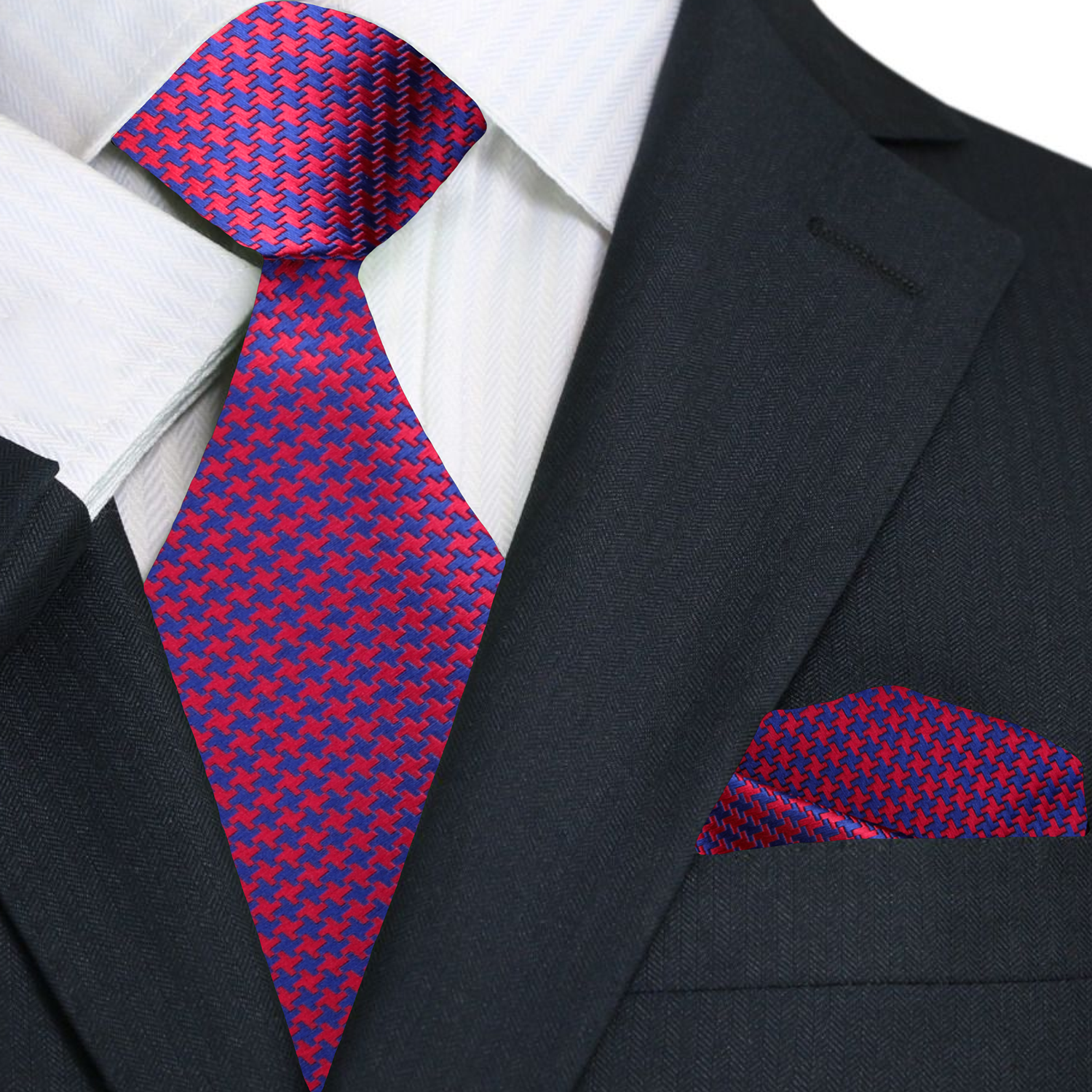 Styled with a white dress shirt and navy suit for formal events