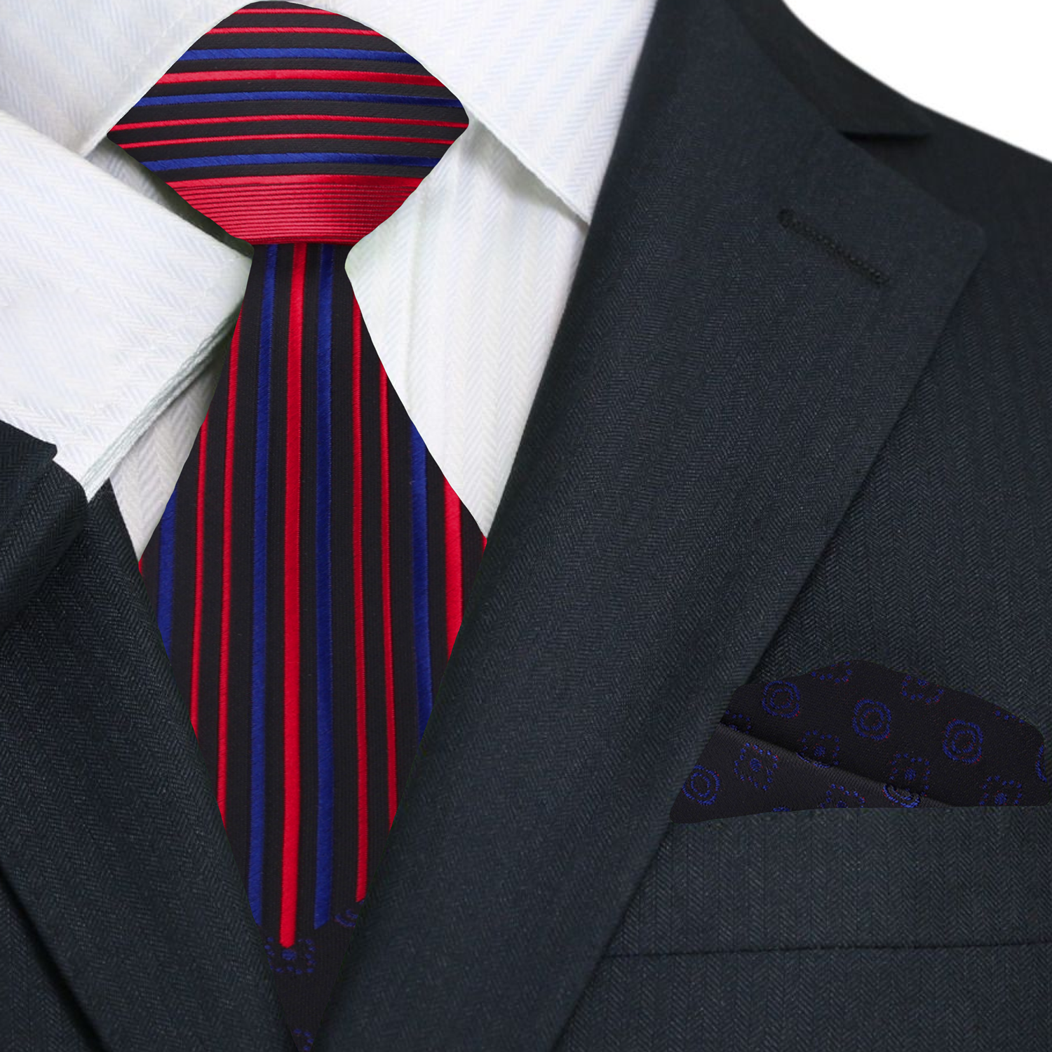 Close-up of a silk tie and pocket square set in paisley pattern