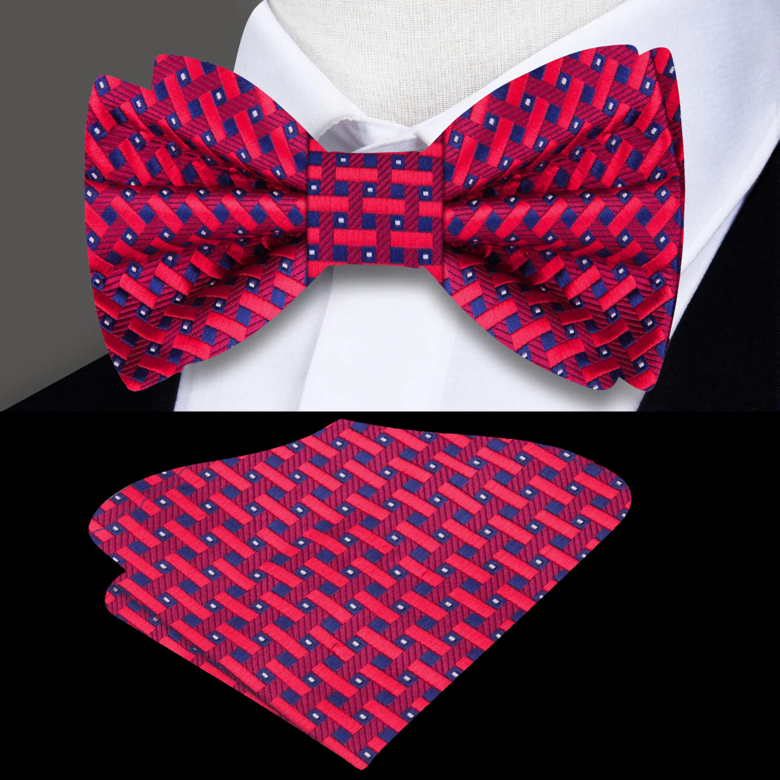 Styled shot of the mens geometric bow tie paired with a white dress shirt and navy suit for a wedding look.