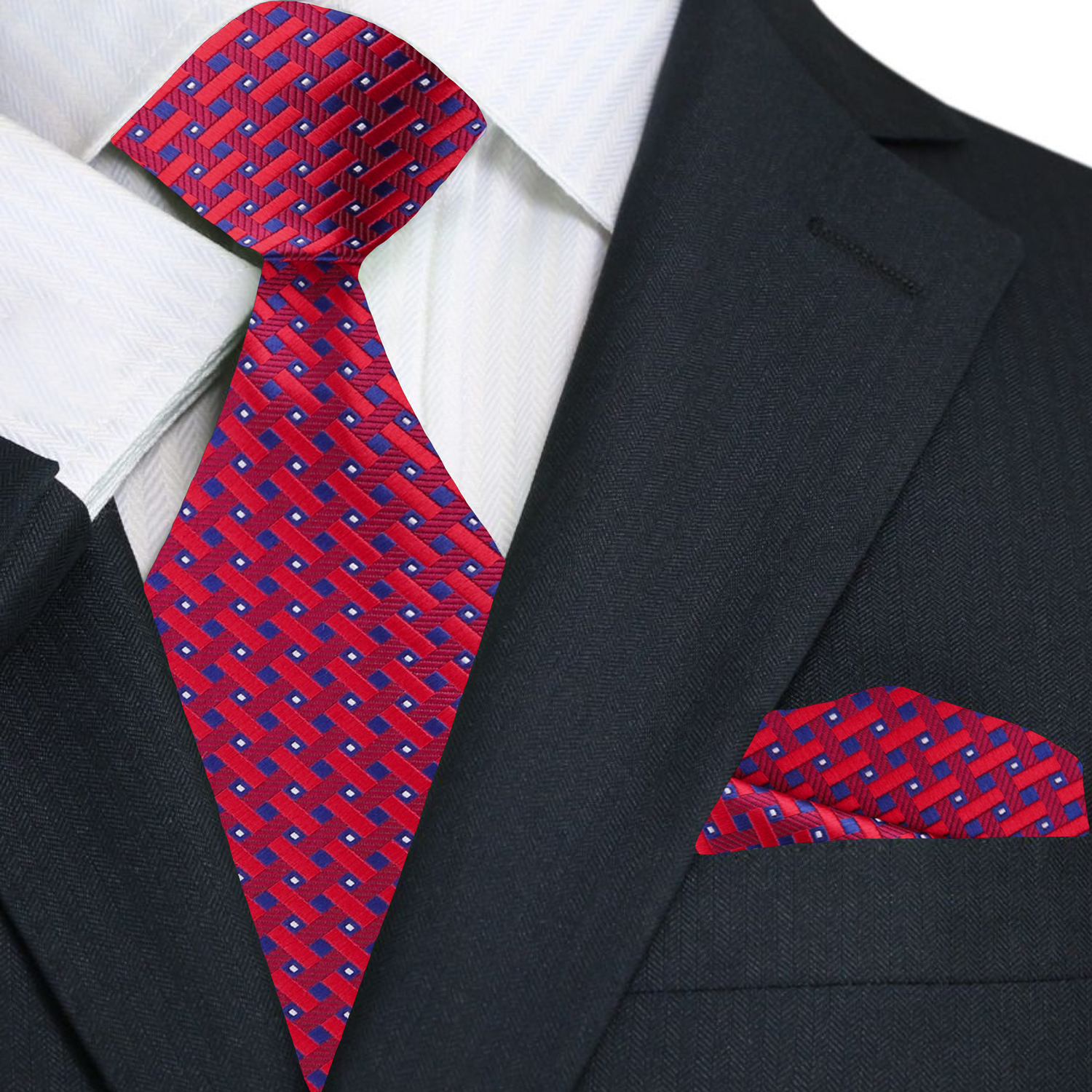 Model wearing the stylish geometric silk necktie with a white dress shirt