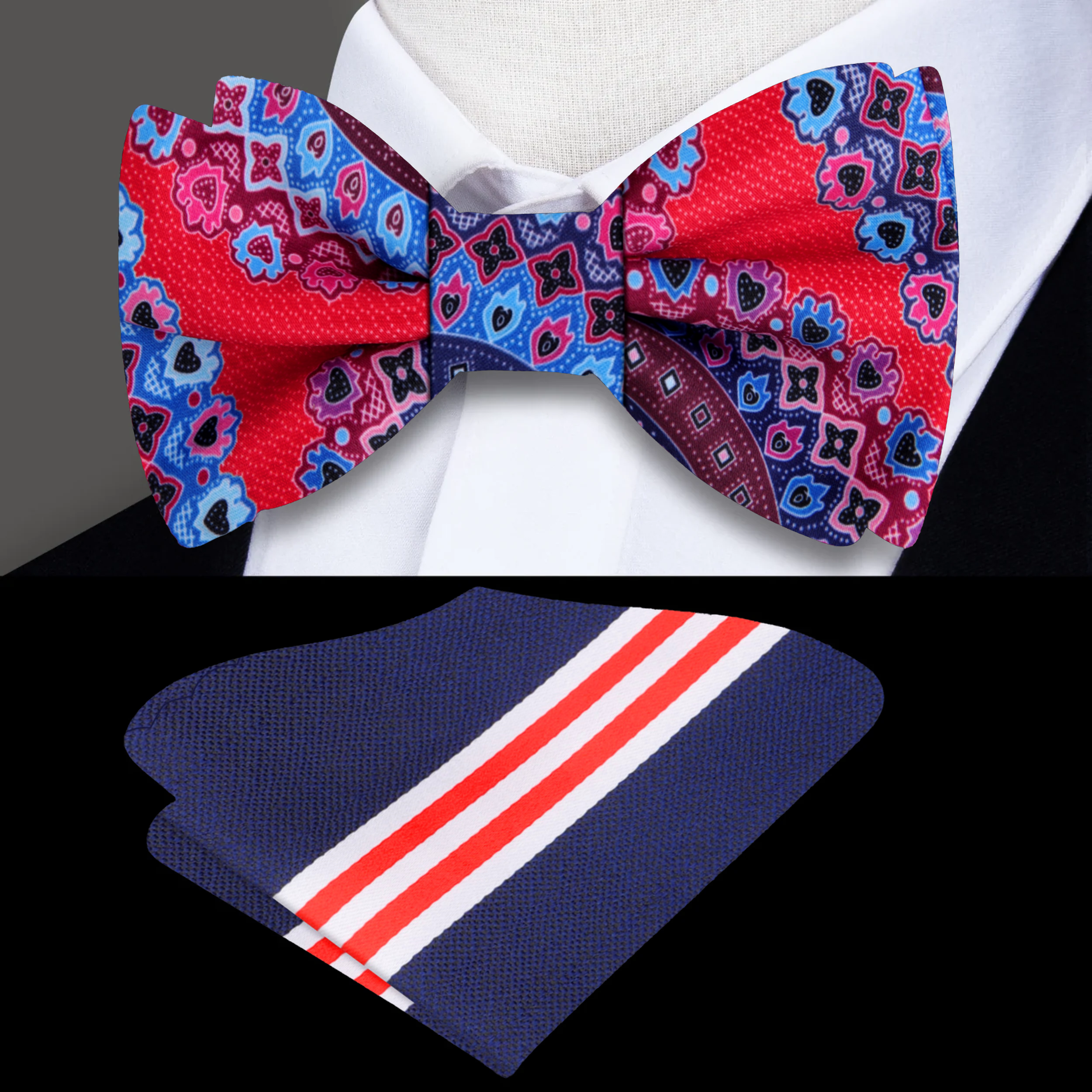 Close-up of a vibrant silk bow tie featuring whimsical patterns, perfect for special occasions