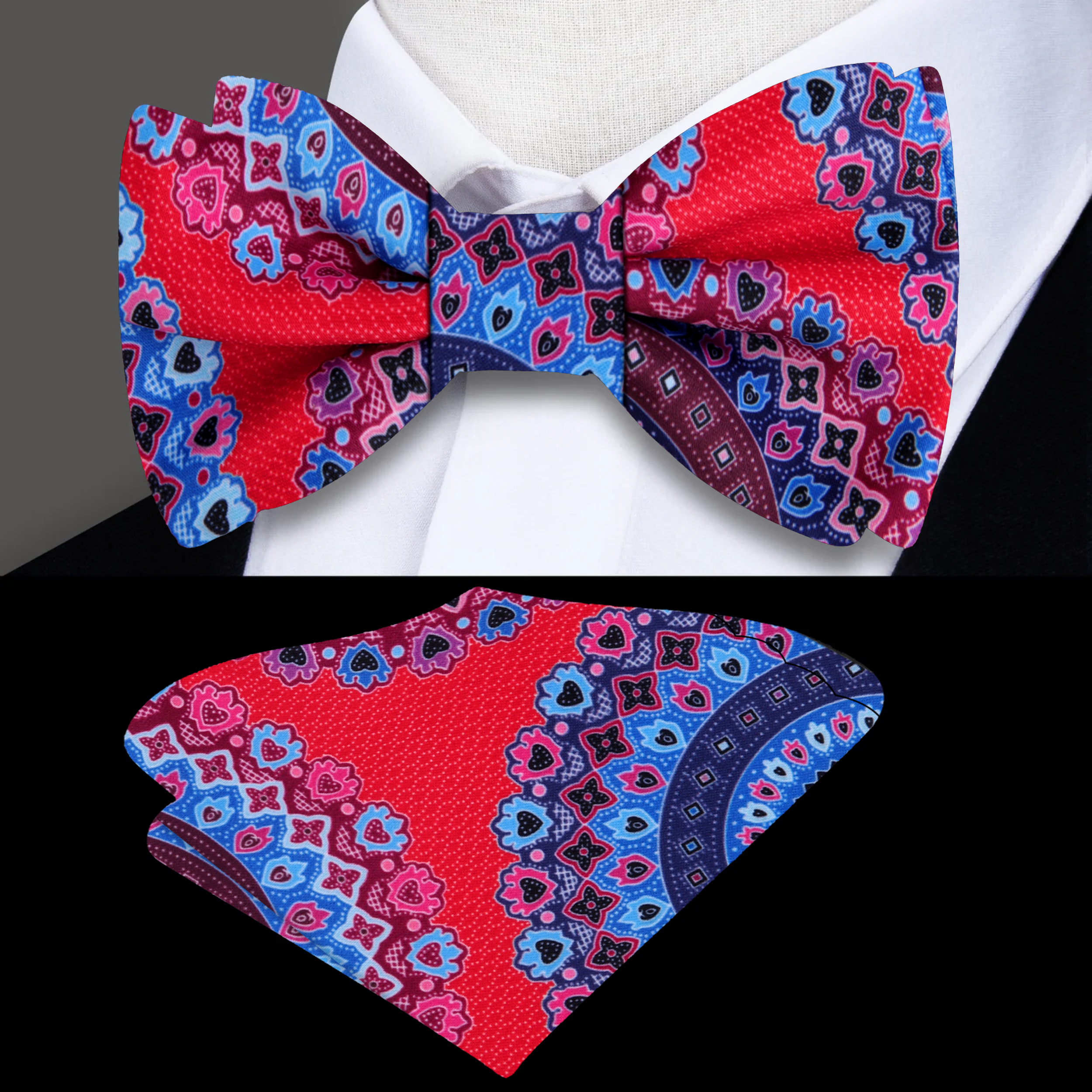 Model wearing a colorful silk bow tie paired with formal wear for a wedding