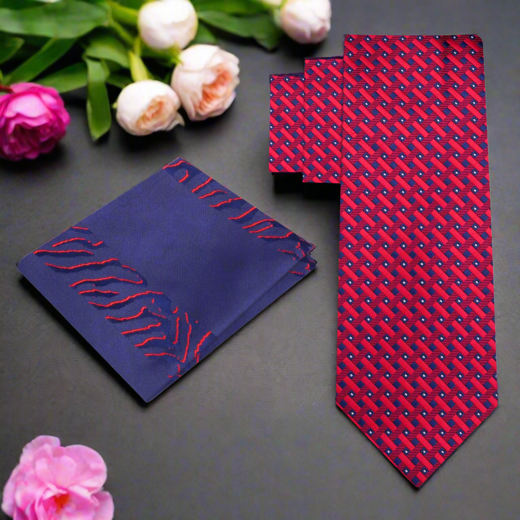 Front view of the red and blue plaid silk necktie on a mannequin