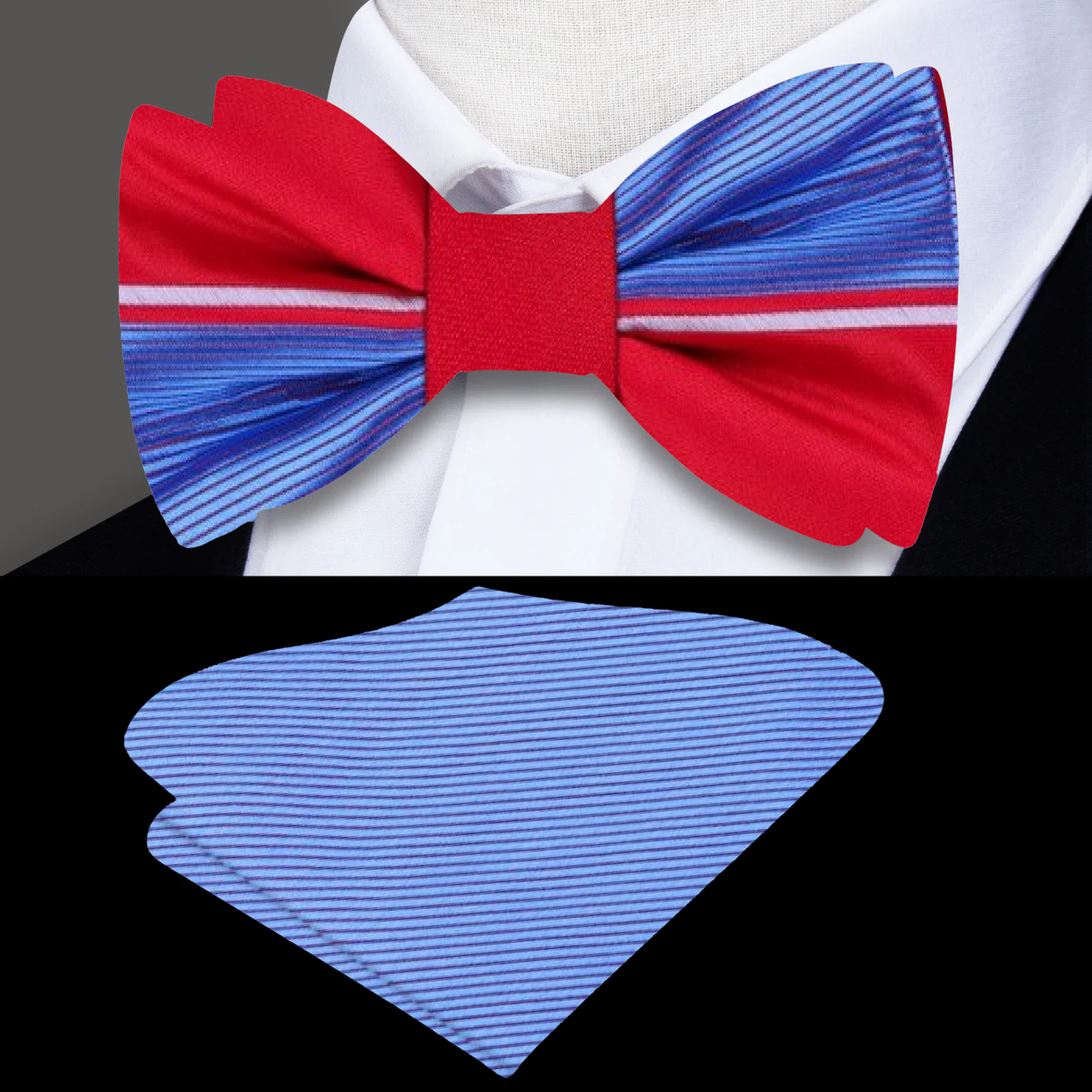 Close-up of the reversible bow tie showing black and green silk sides with geometric pattern