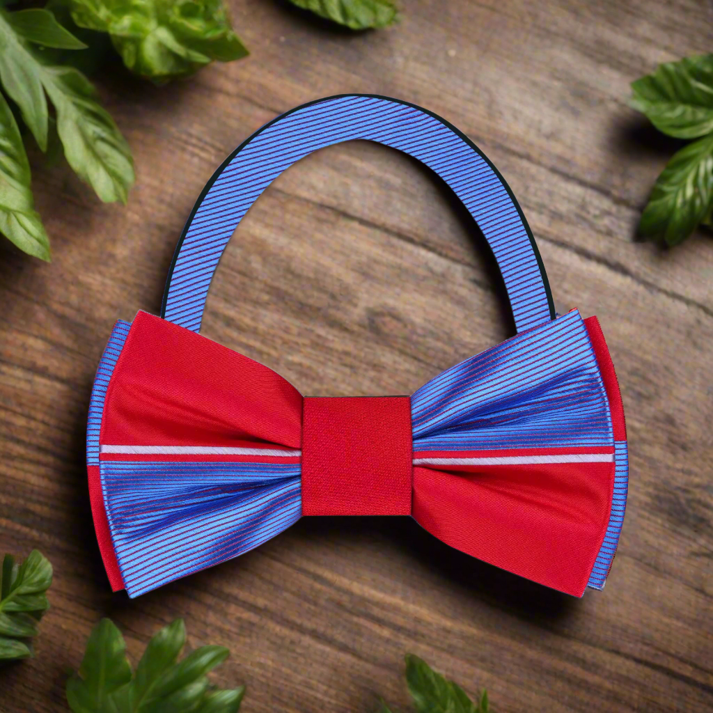 Bow tie displayed with matching pocket square on a white dress shirt