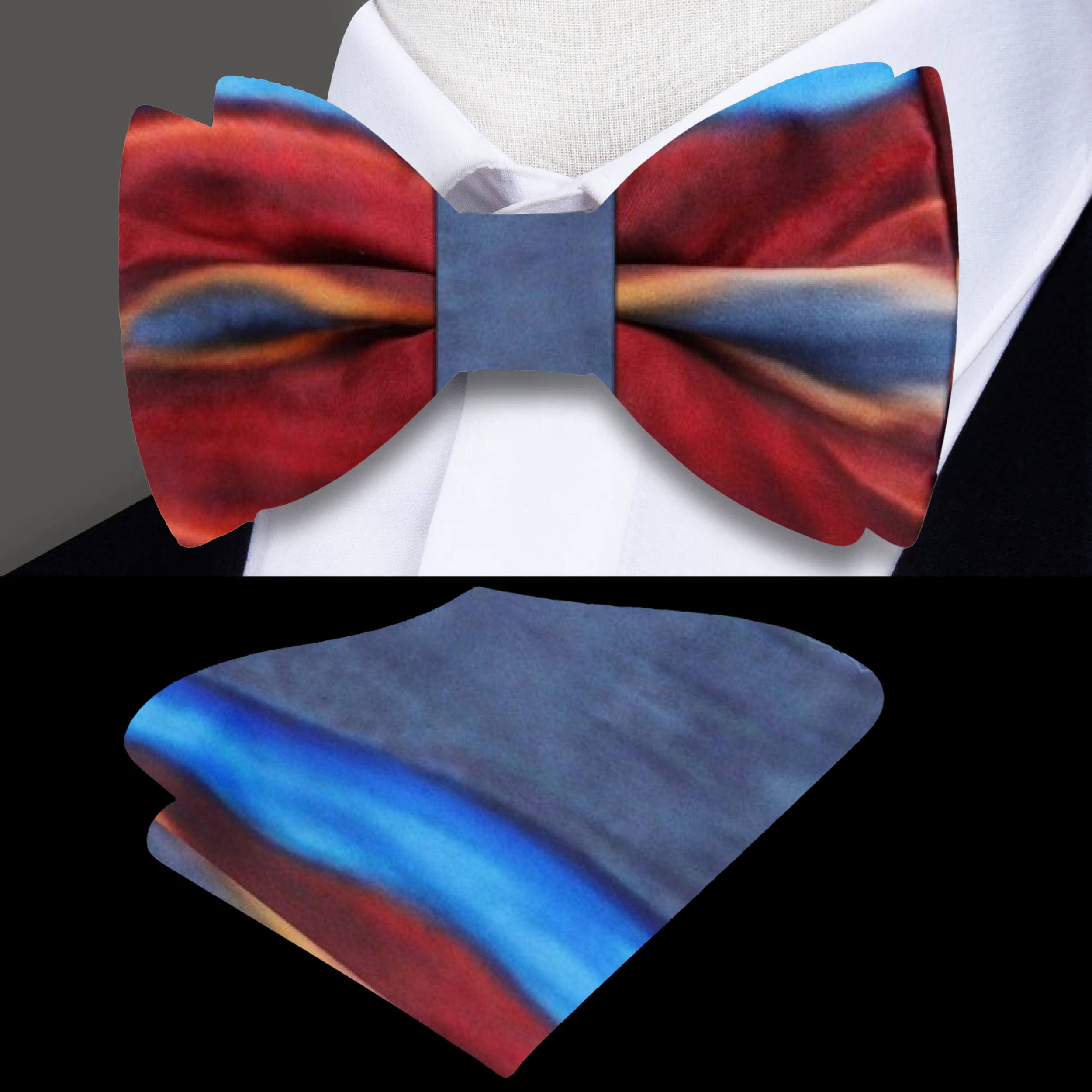 Elegant silk bow tie displayed on a wooden table, showcasing its vibrant colors and silky texture.