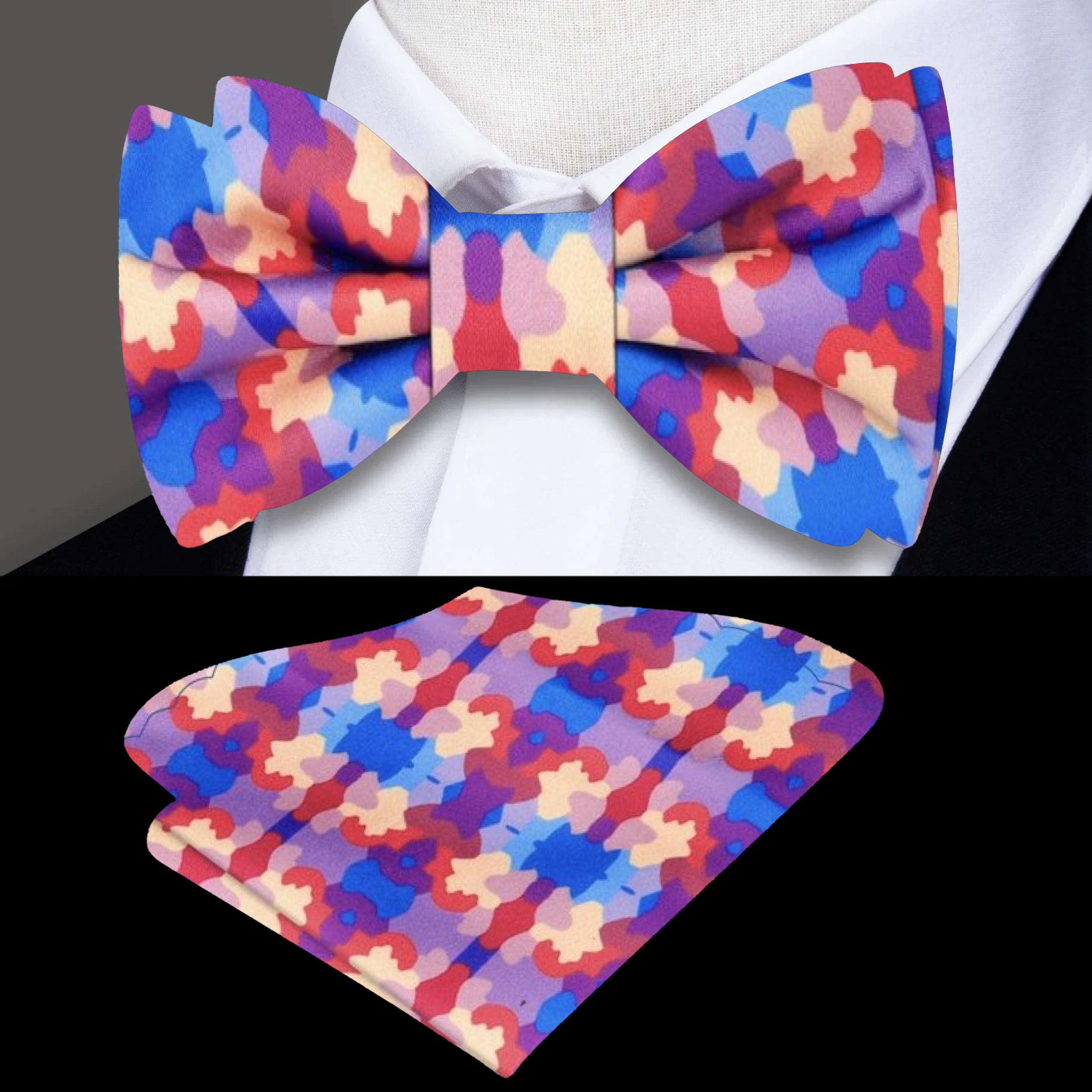 Close-up view of the pastel watercolor silk bow tie showcasing its vibrant colors and detailed pattern.