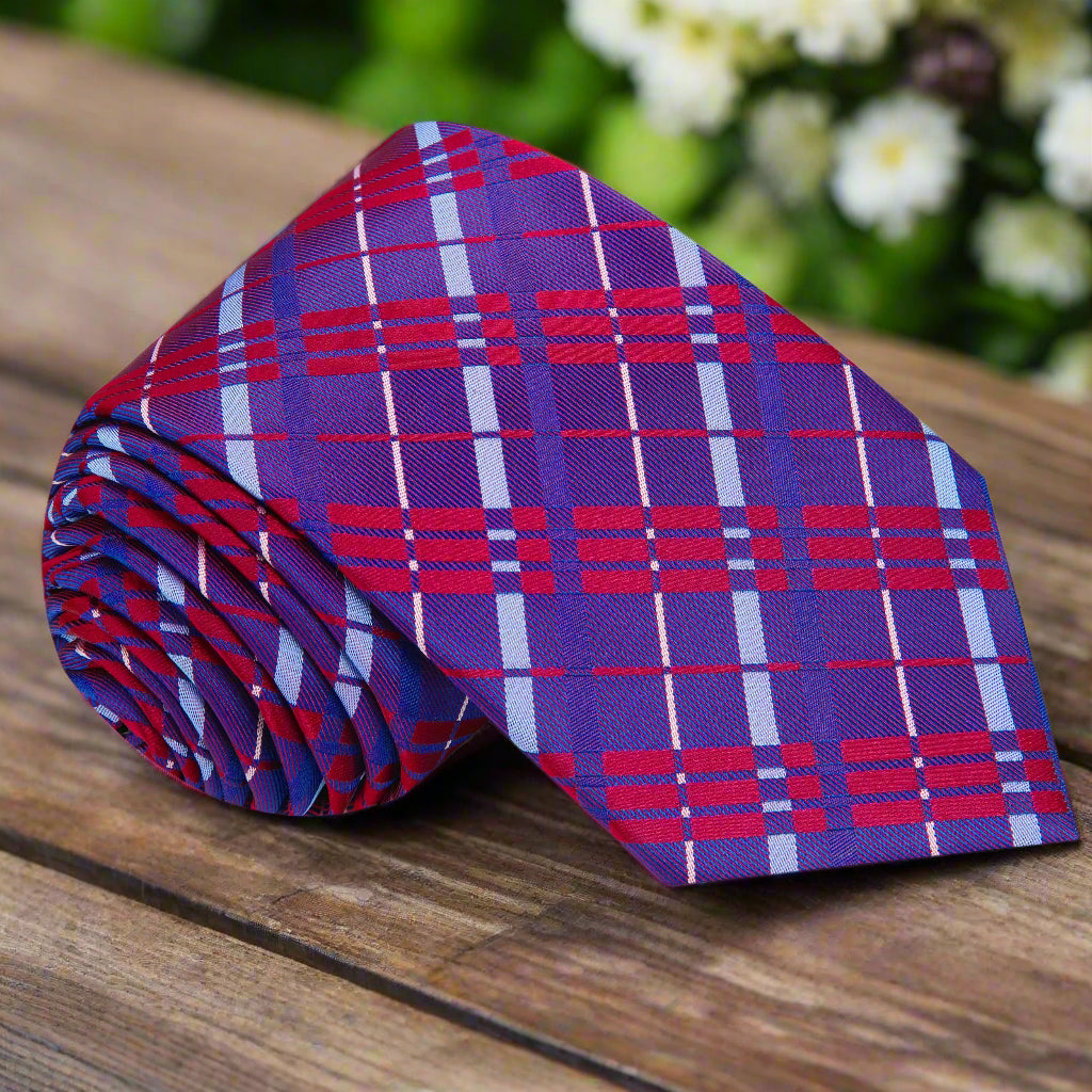 Front view of Cherry Wine Plaid Silk Necktie in rich red and blue tones