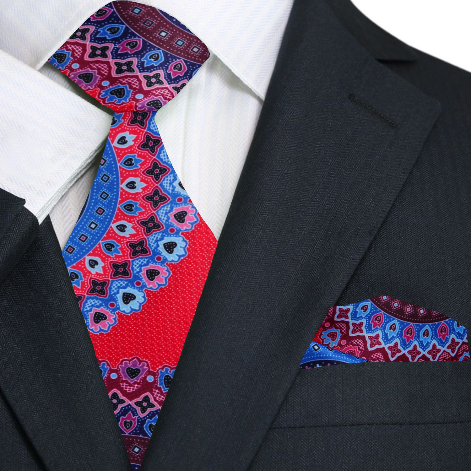 Close-up of vibrant abstract silk tie showcasing its red and blue colors, ideal for weddings and business meetings.