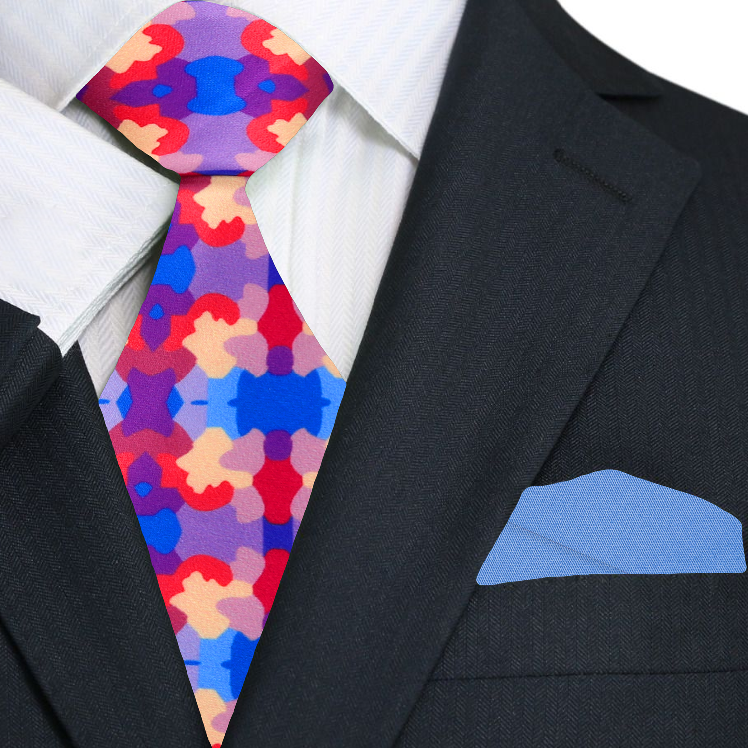 Tie displayed with light grey suit and white shirt — perfect combination for business meetings.
