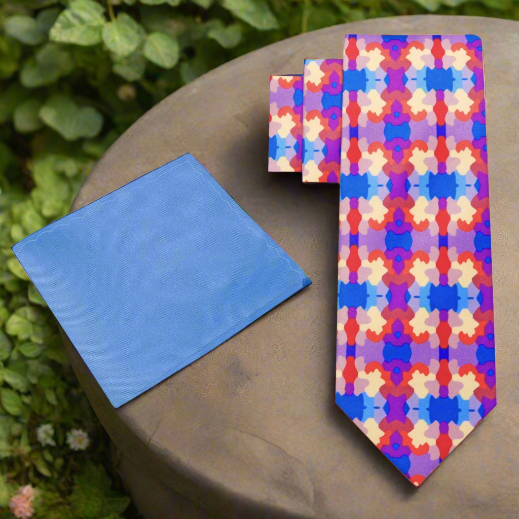 Close-up of silk tie showcasing abstract watercolor pattern in vivid hues — ideal for weddings.