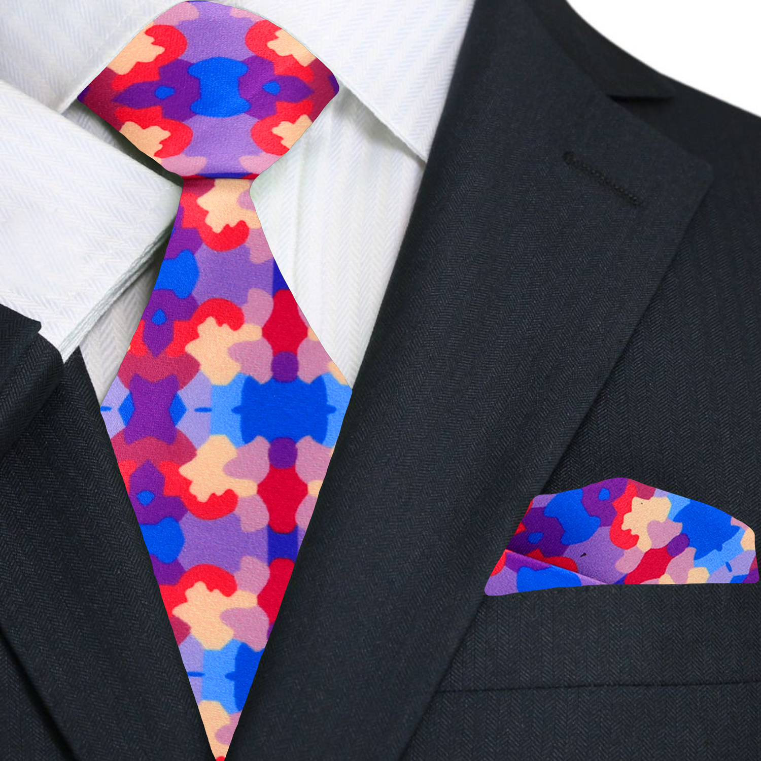 Tie displayed with light grey suit and white shirt — perfect combination for business meetings.