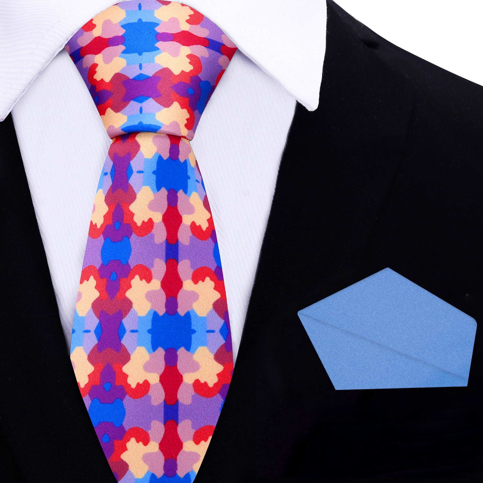 Folded view of handmade watercolor tie with pocket square — styled for art exhibits and events.