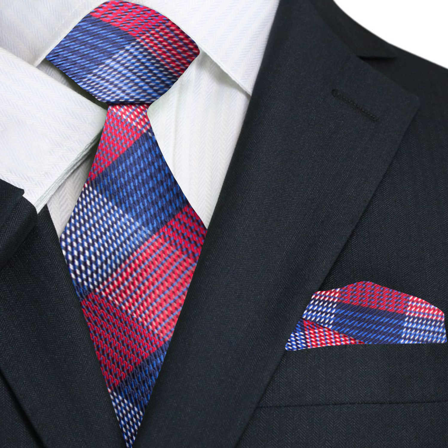 Crimson and navy necktie displayed beside matching pocket square set
