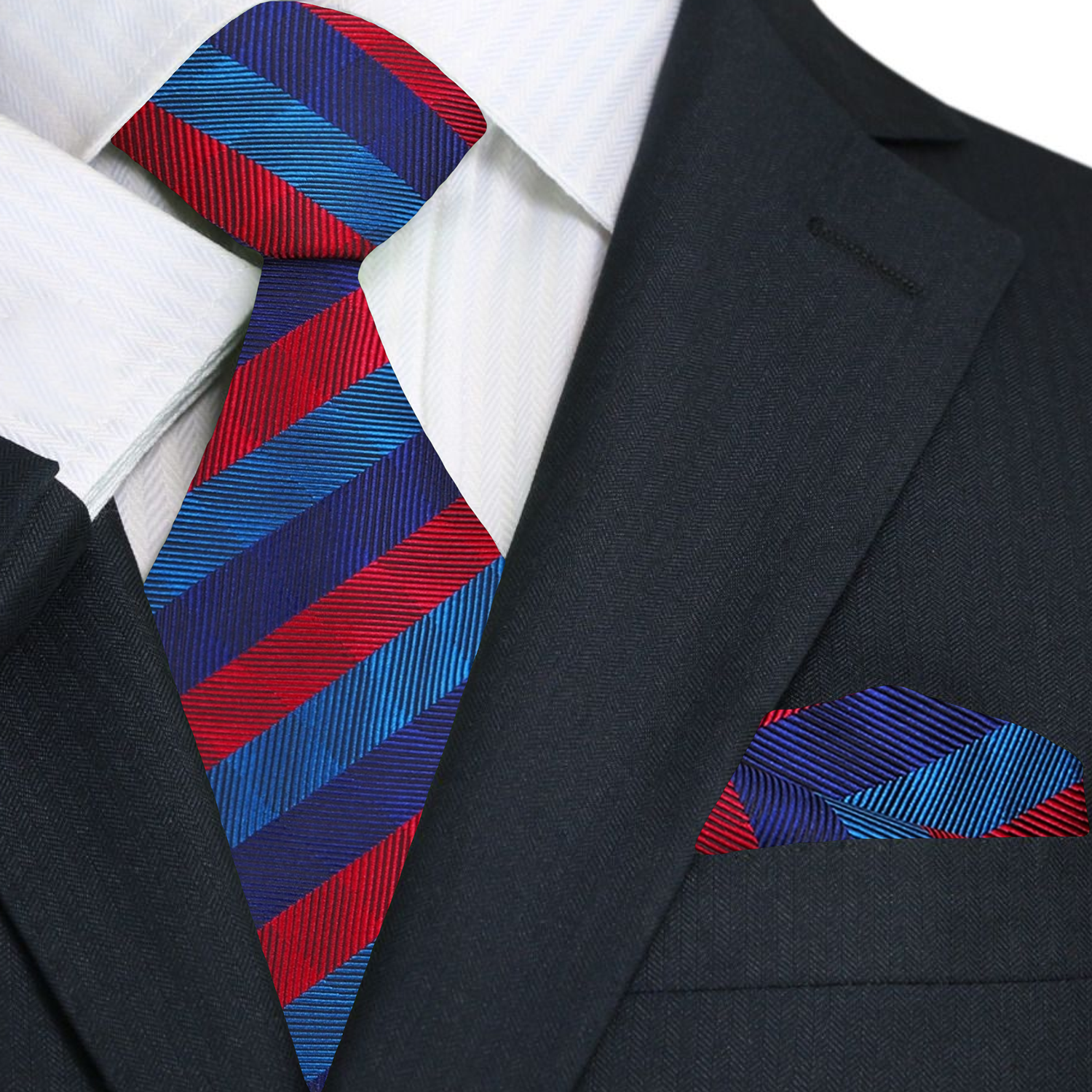 Tie and pocket square set displayed flat, showcasing premium silk texture and vibrant colors