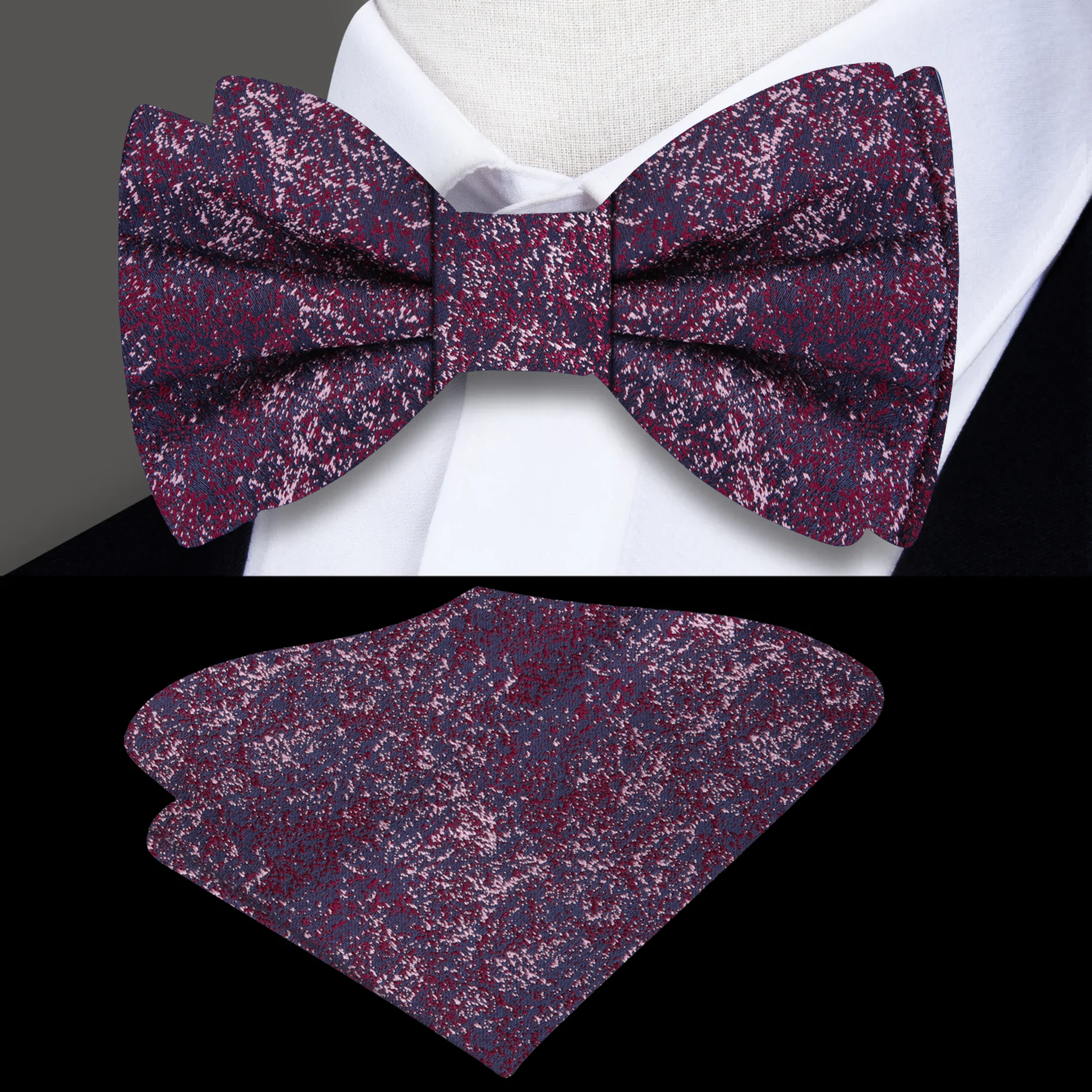 Artistic Elegance Bow Tie with red and blue abstract pattern, elegantly displayed on a suit.