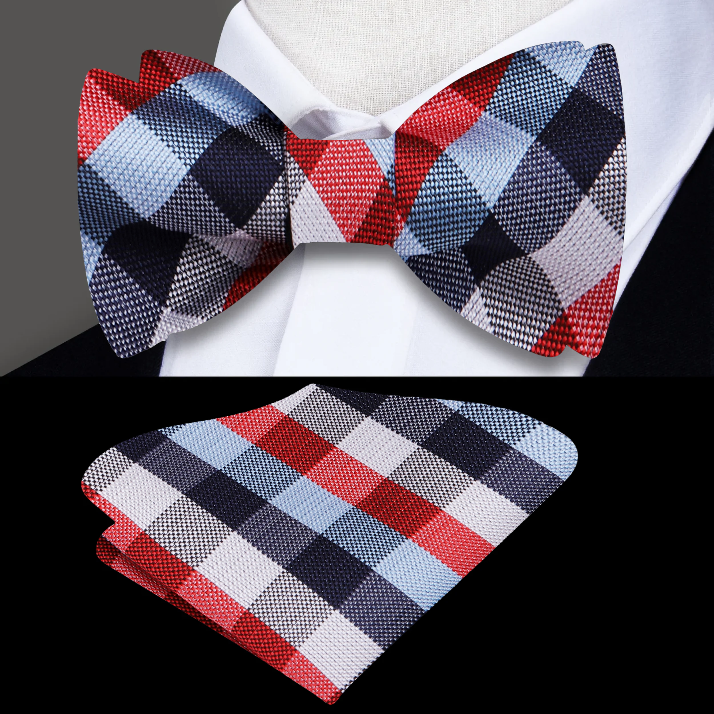 Close-up of dapper green plaid self-tie bow tie showcasing the fabric texture.