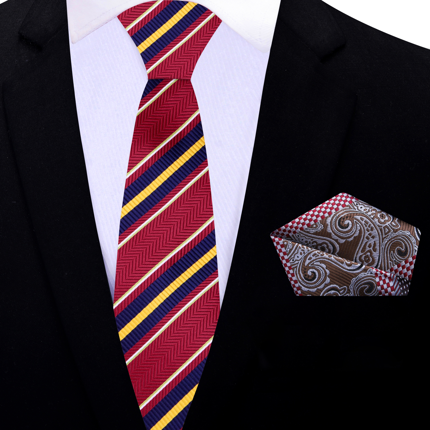 Vibrant Captain Stripe Silk Tie styled with a navy blue suit for a formal event.