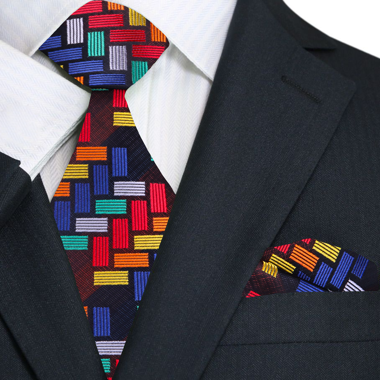 Close-up of the purple silk tie showcasing its intricate jigsaw geometric pattern.