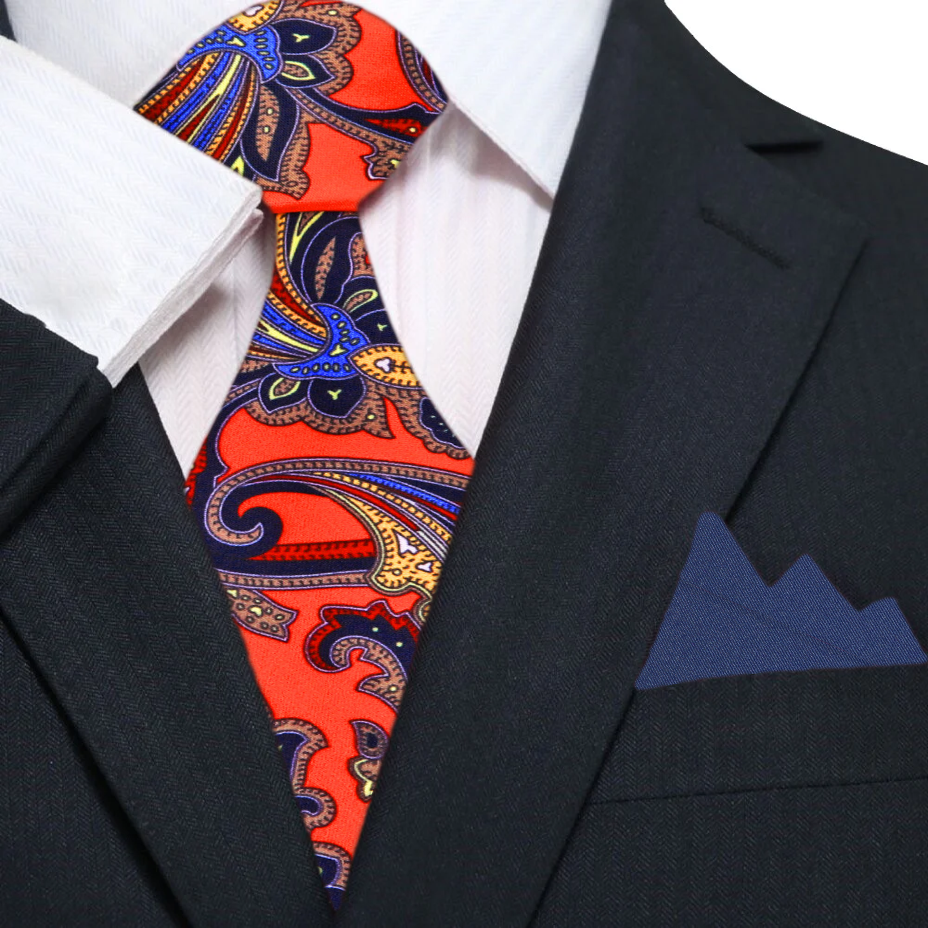 Monarch silk tie and pocket square set styled with a navy blue suit—ideal for weddings
