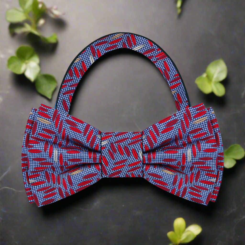 Close-up of the textured rice pattern on a silk bow tie for parties