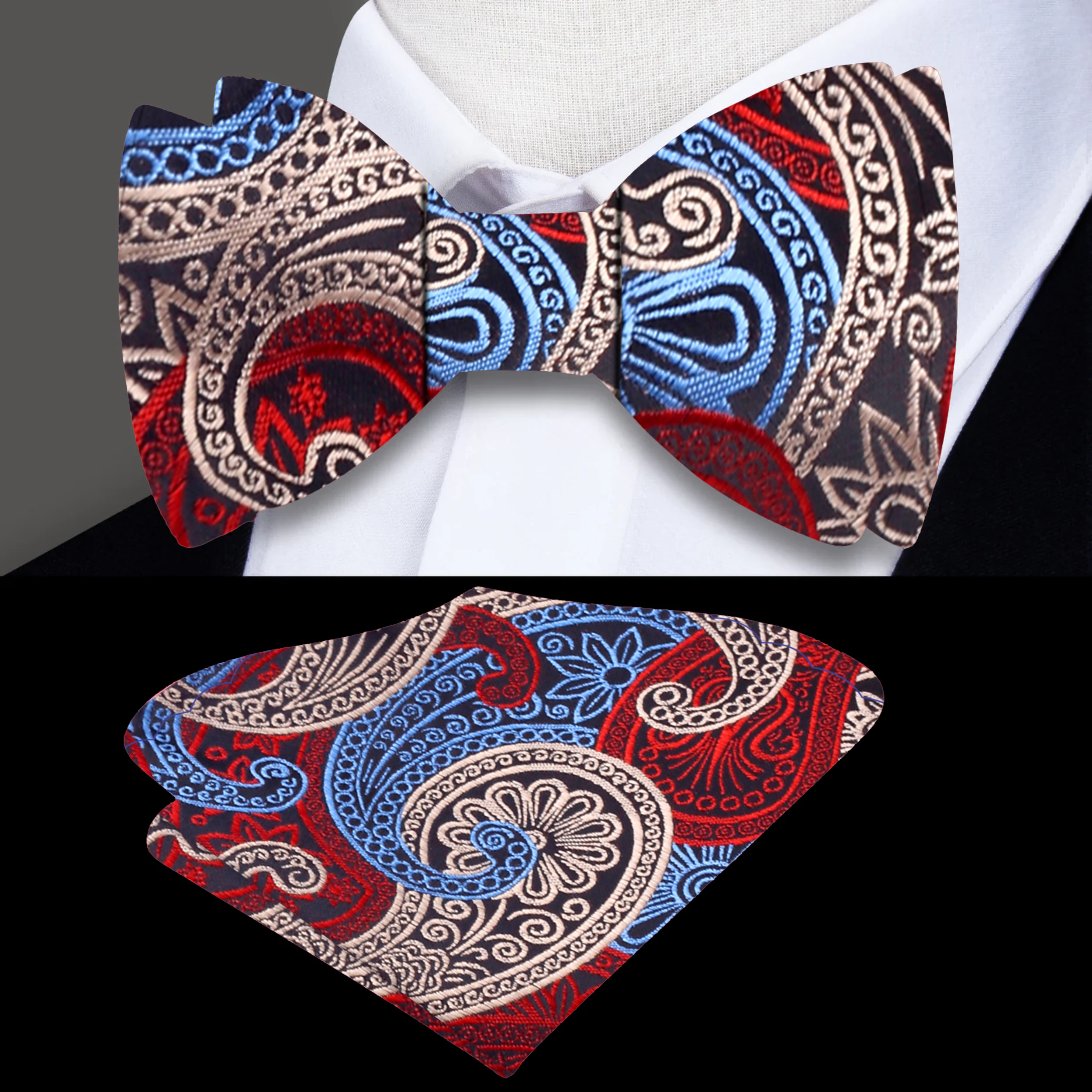 Front view of a stylish paisley bow tie in blue and yellow for men