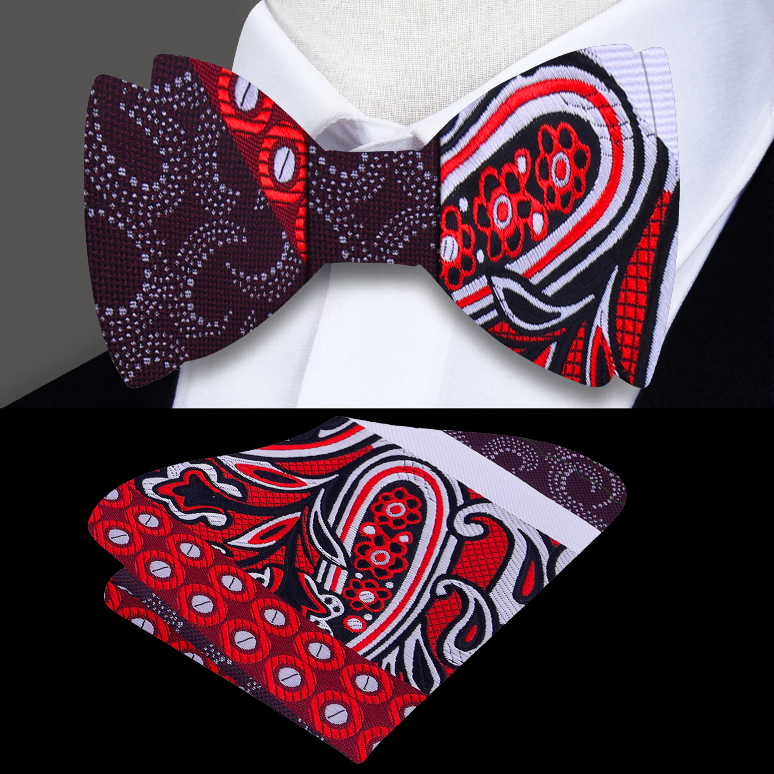 Vibrant paisley silk bow tie in red and blue on a model for wedding attire