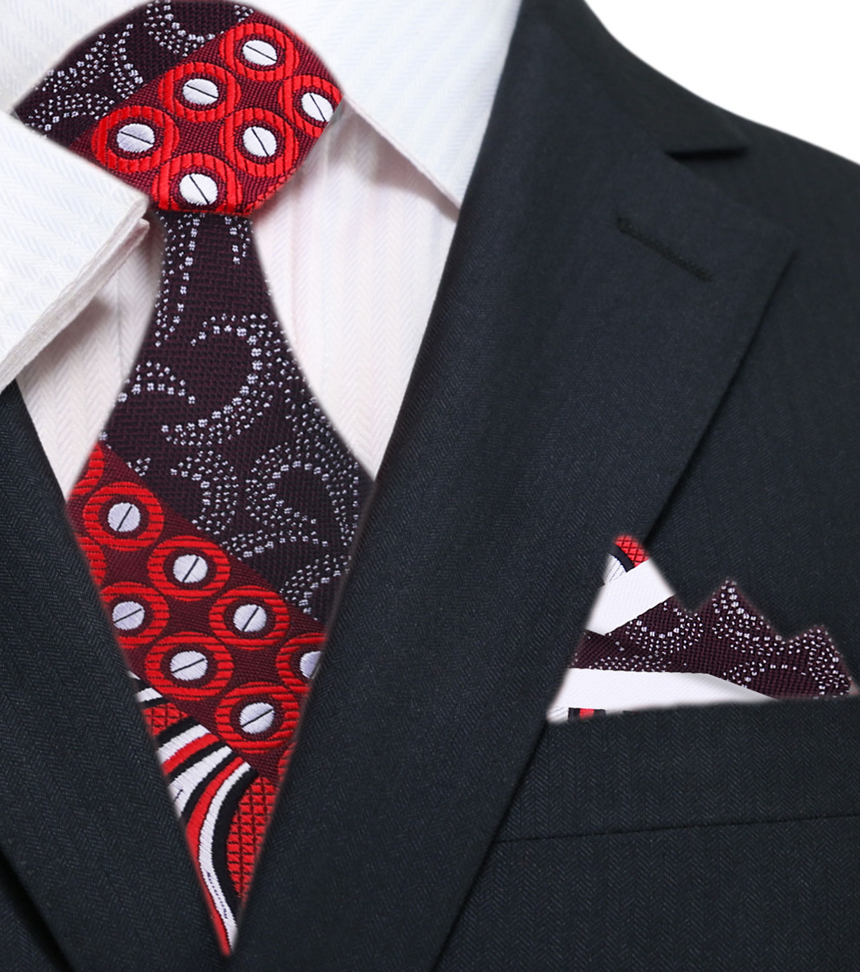 Close-up of blue and purple silk necktie, highlighting paisley and dot designs.