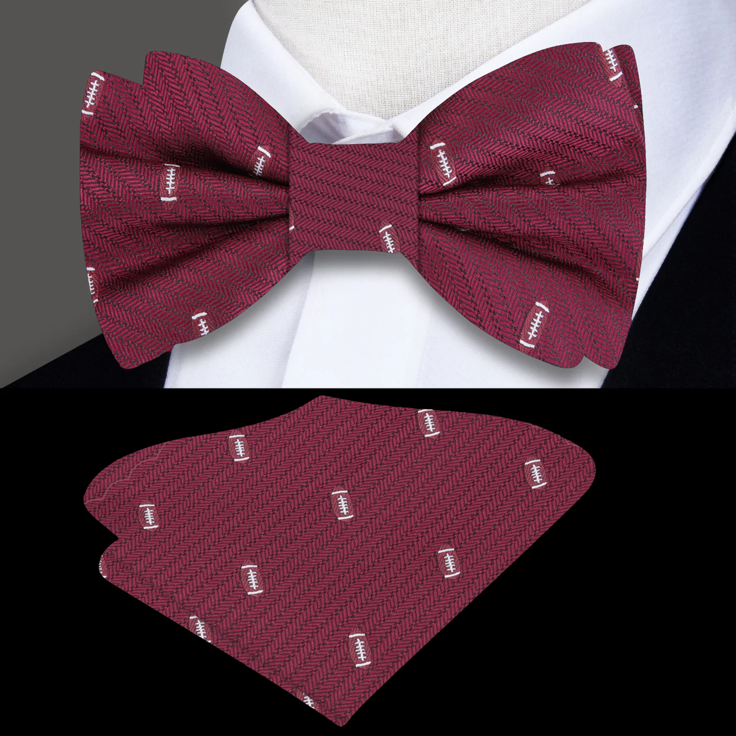 Blue and brown football patterned silk bow tie displayed elegantly on a white background.