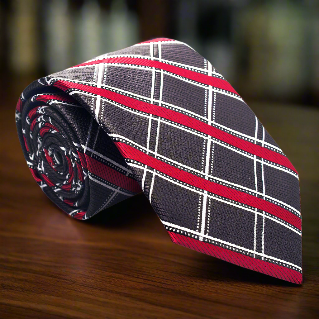 Close-up of high-quality plaid silk necktie in greyish brown, red, white with detailed fabric texture
