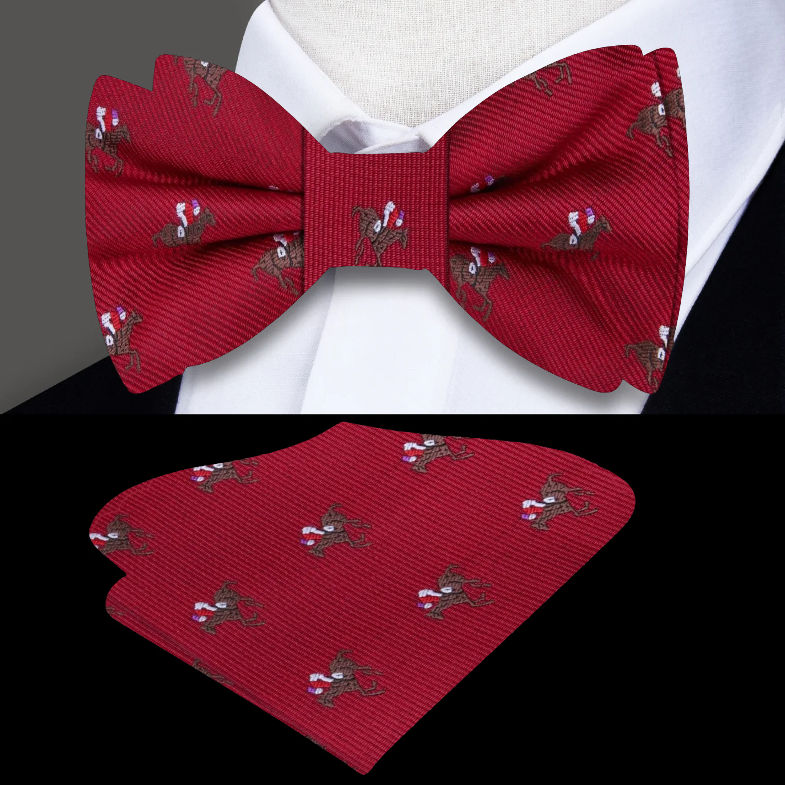 Elegant silk bow tie with racehorse pattern for mens formal wear