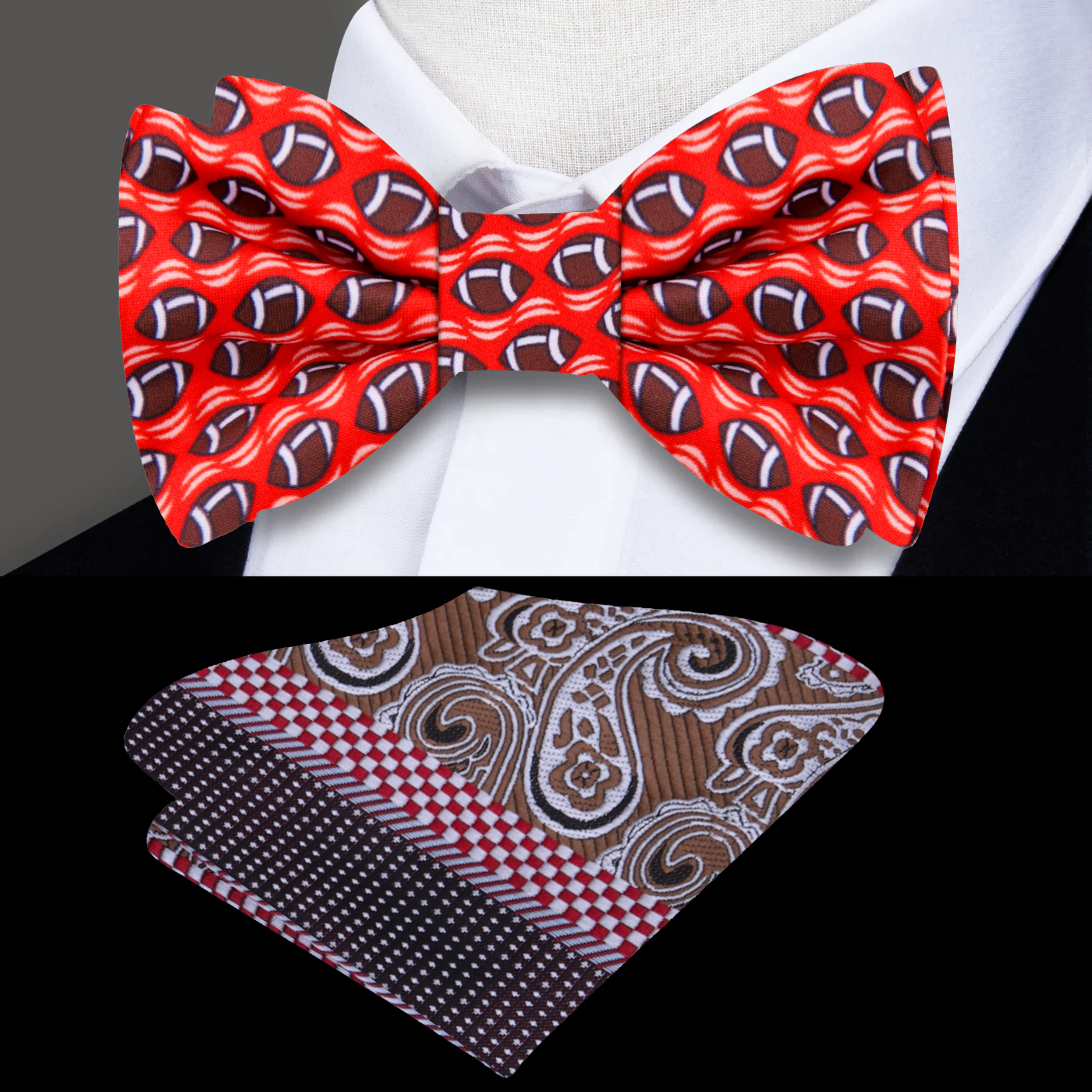 Silk football bow tie featuring a vibrant pattern for sports fans