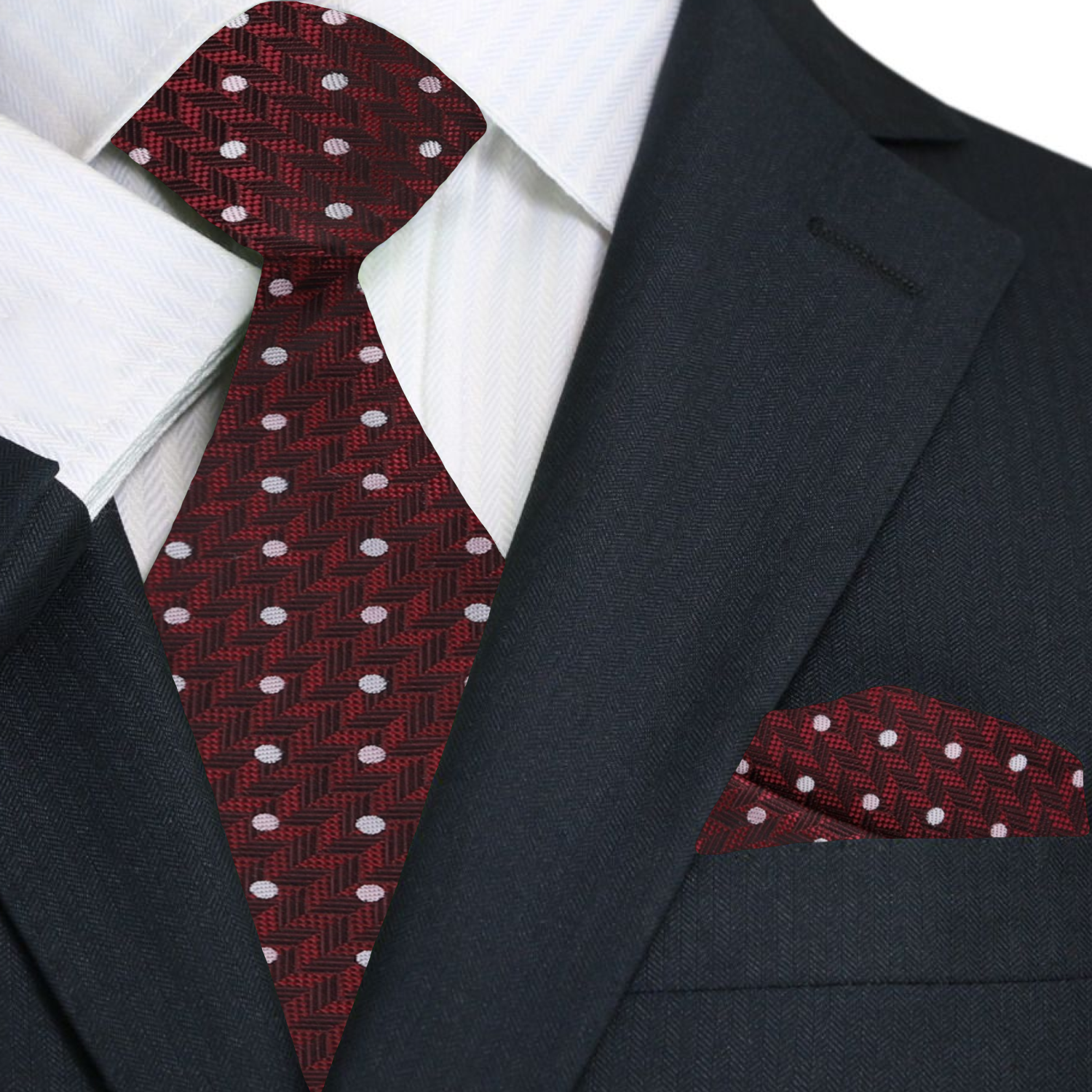 Close-up of the detailed pattern on a deep red silk necktie for weddings