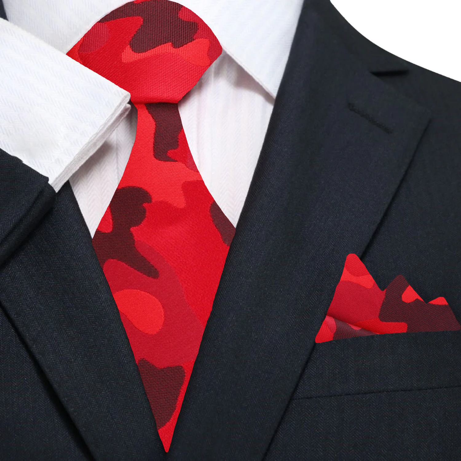 Close-up of the stylish camouflage necktie showcasing its unique fleck pattern, perfect for formal wear.