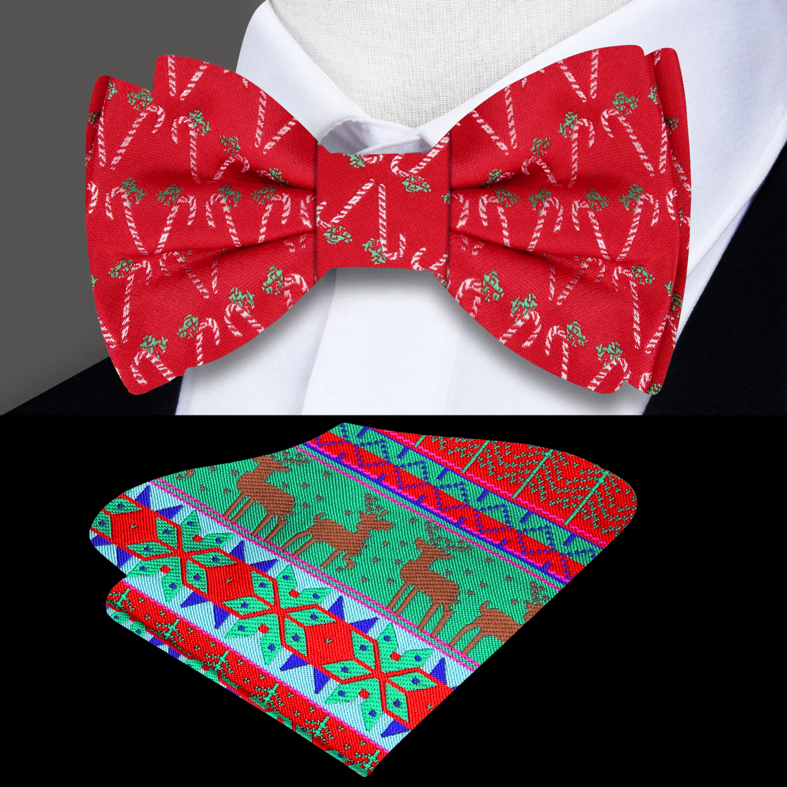 Elegant candy cane bow tie paired with a white dress shirt for holiday events