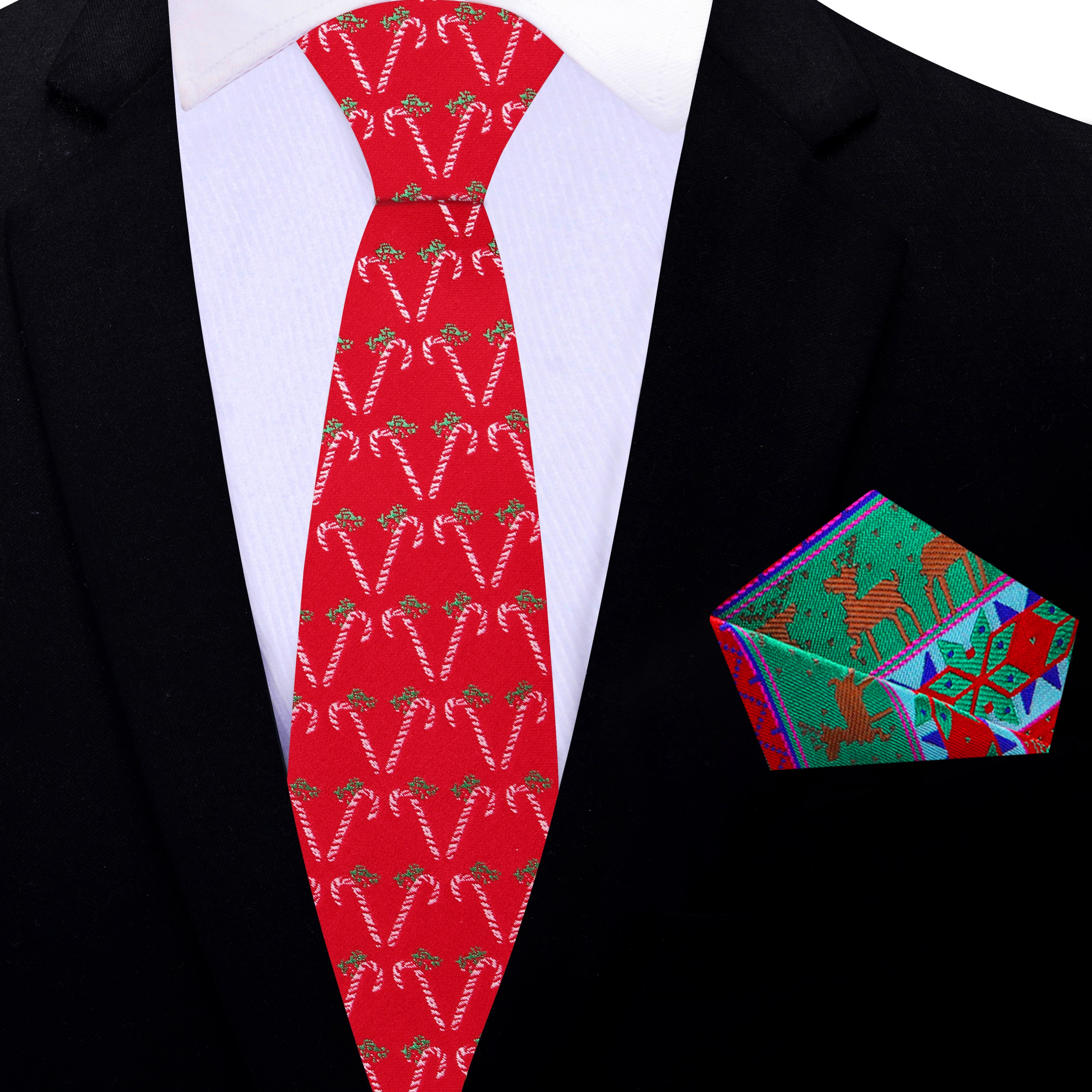 Styled Christmas necktie with matching pocket square for seasonal events