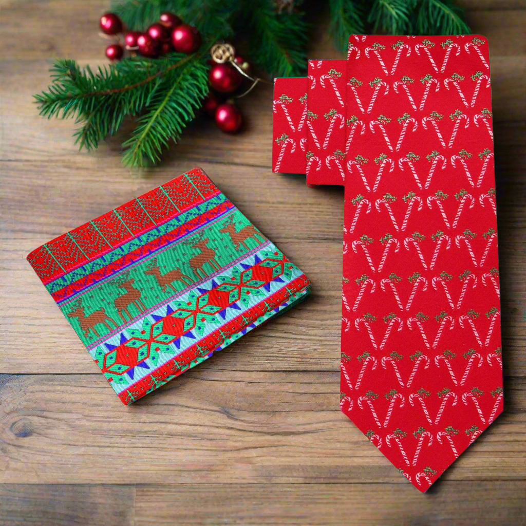 Close-up of candy cane pattern tie with holly berries for festive holiday outfits
