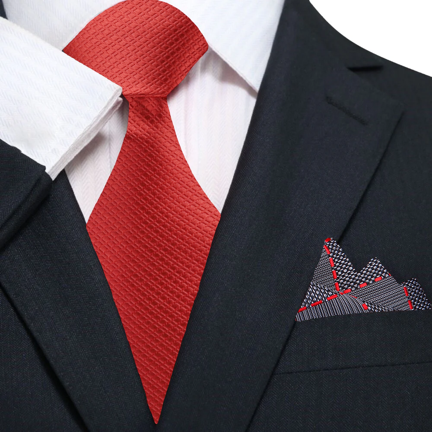 Red silk necktie styled with navy suit and white shirt—ideal for weddings