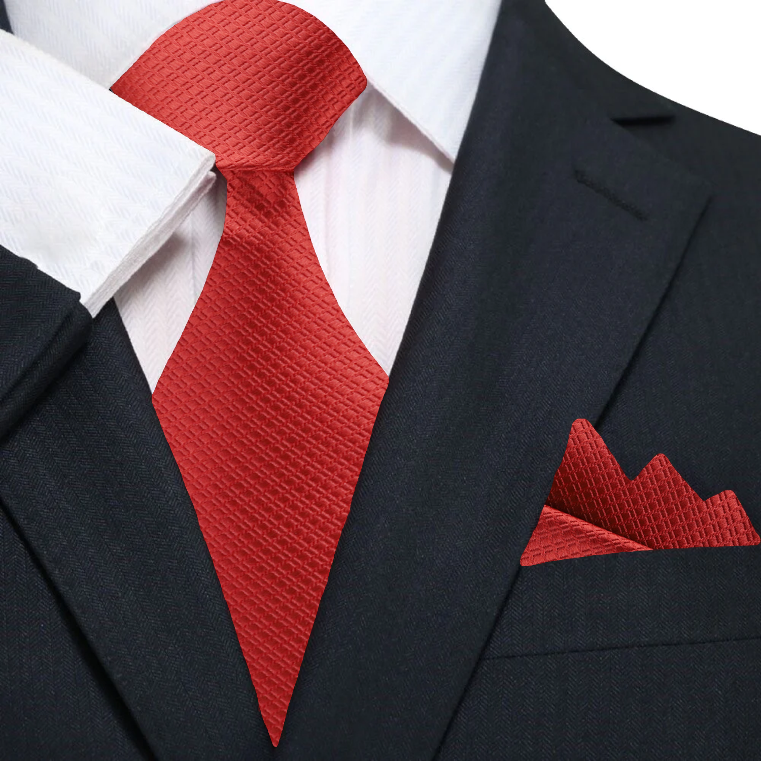 Close-up of red textured silk necktie showing geometric pattern and rich color