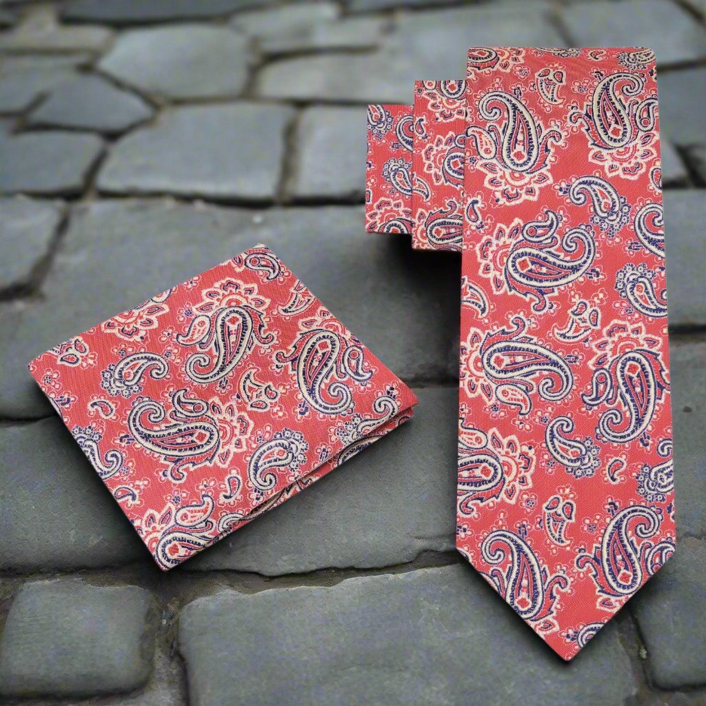 Sunset red paisley silk necktie with detailed pattern, ideal for weddings