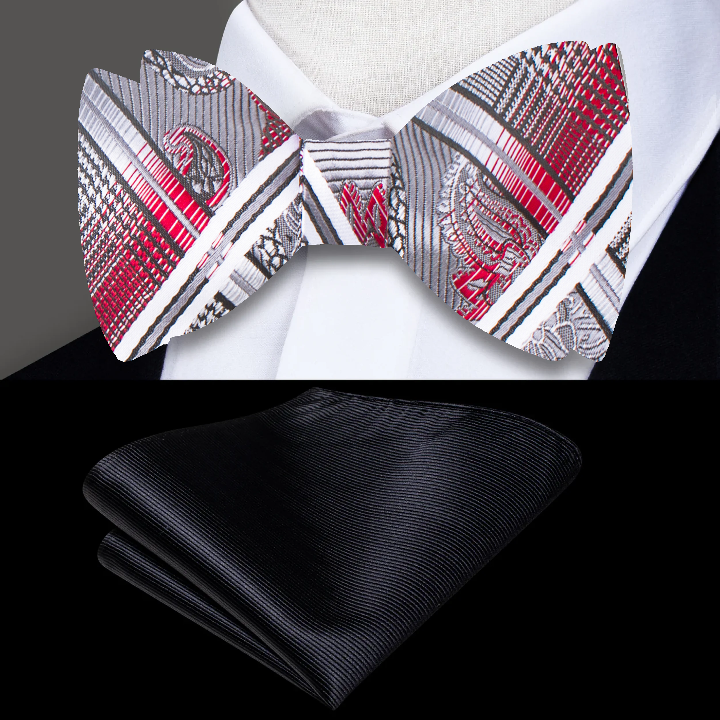 Close-up of a paisley silk bow tie with vibrant colors, perfect for weddings